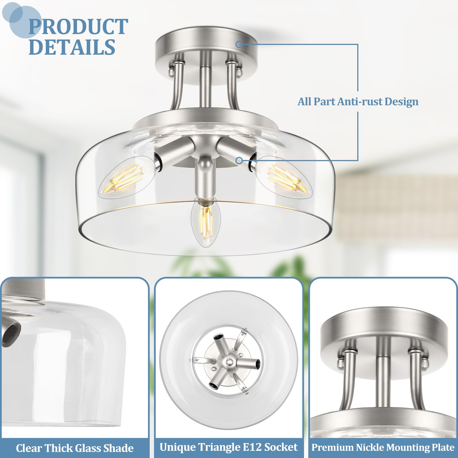 3-Light Semi Flush Mount Ceiling Light Fixture, Modern Industrial Glass Ceiling Light With E12 Base, Metal Semi Flush Ceiling Li