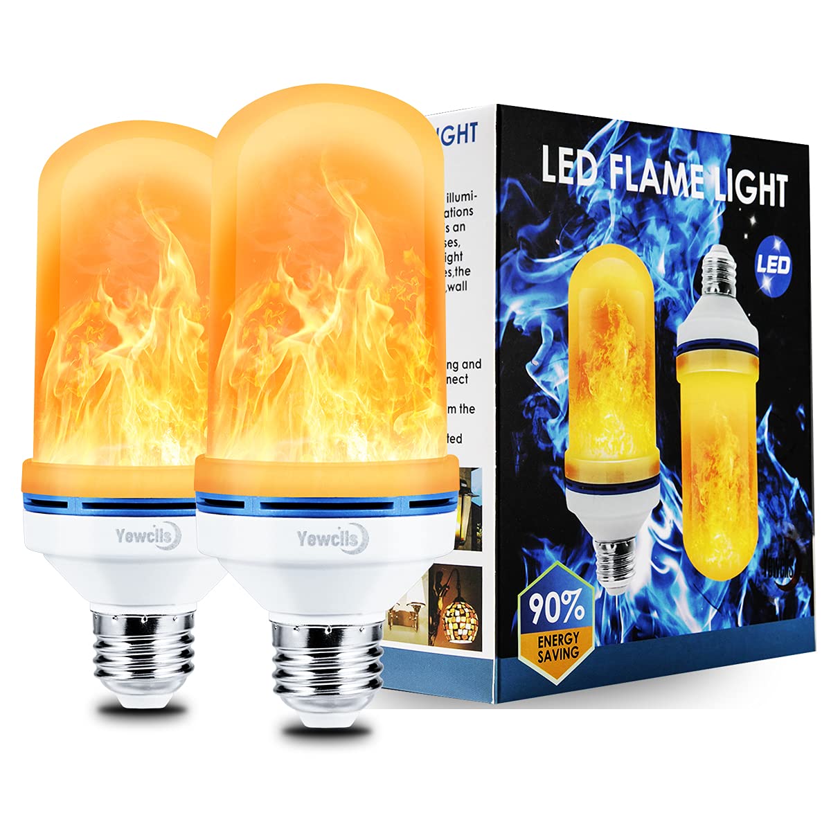 Yewclls Led Flame Effect Light Bulb, 4 Modes E26 Base Fire Light Bulbs With Gravity Sensor (2-Pack)
