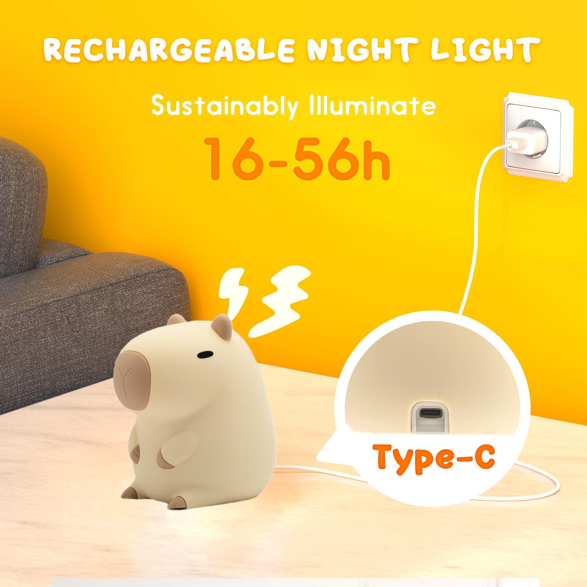 Uneede Capybara Night Light, Cute Animal Silicone Nursery Night Light Rechargeable Table Lamp Bedside Lamp With Touch Sensor For Bedrooms, Living Room
