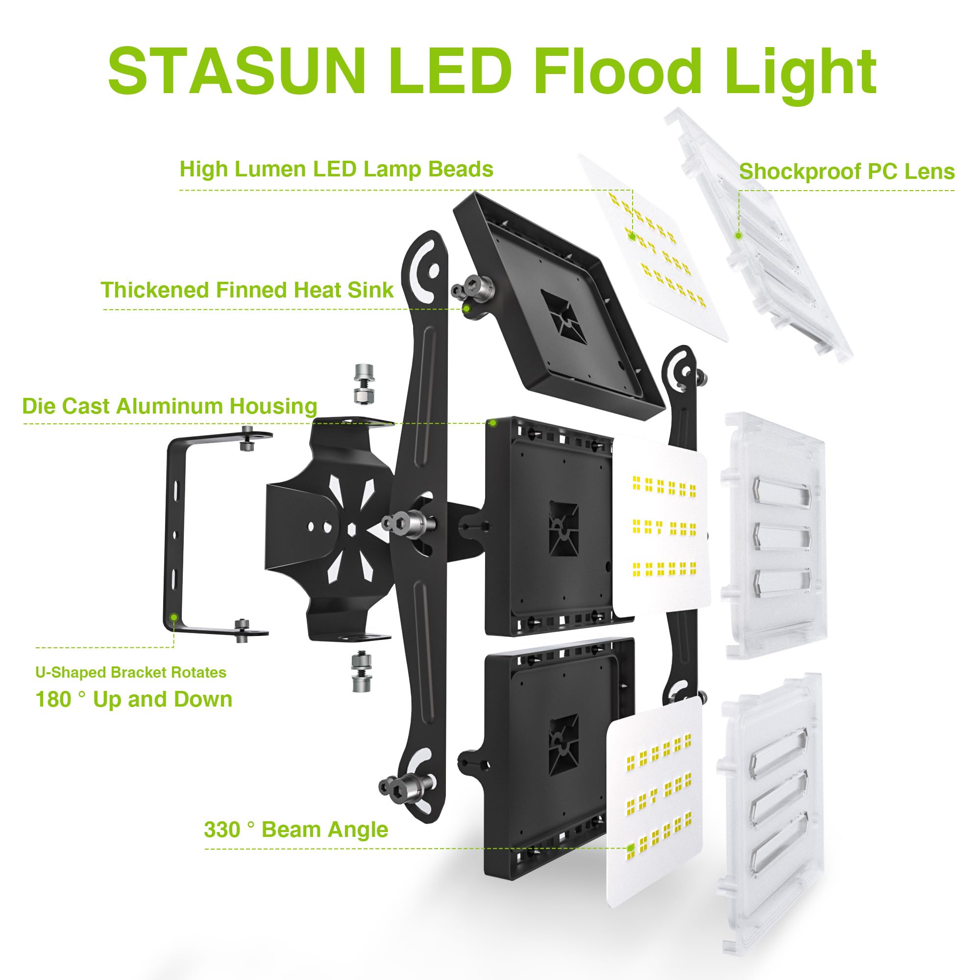 Led Flood Light Outdoor, Stasun 150W 15000Lm 6000K Daylight White Ip66 Waterproof, Commercial Parking Lot Light,3 Heads For Yard Street Stadium House Floodlight Bright Security Lights For Outdoor Area