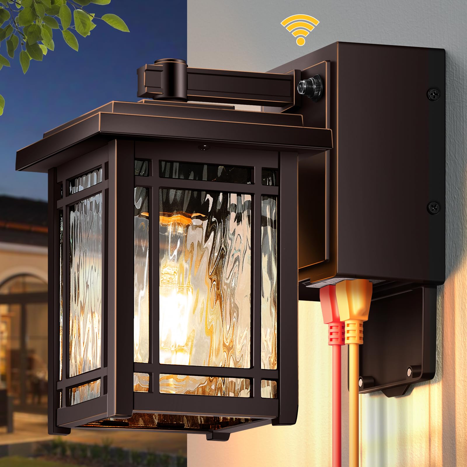 OPAXIS Front Porch Lights with GFCI Outlet  Oil Rubbed Bronze Dusk to Dawn Outdoor Wall Lantern  Anti-Rust Outdoor Garage Lights Wall Mount  Exterior Sconce Lighting Fixtures with Water Ripple Glass