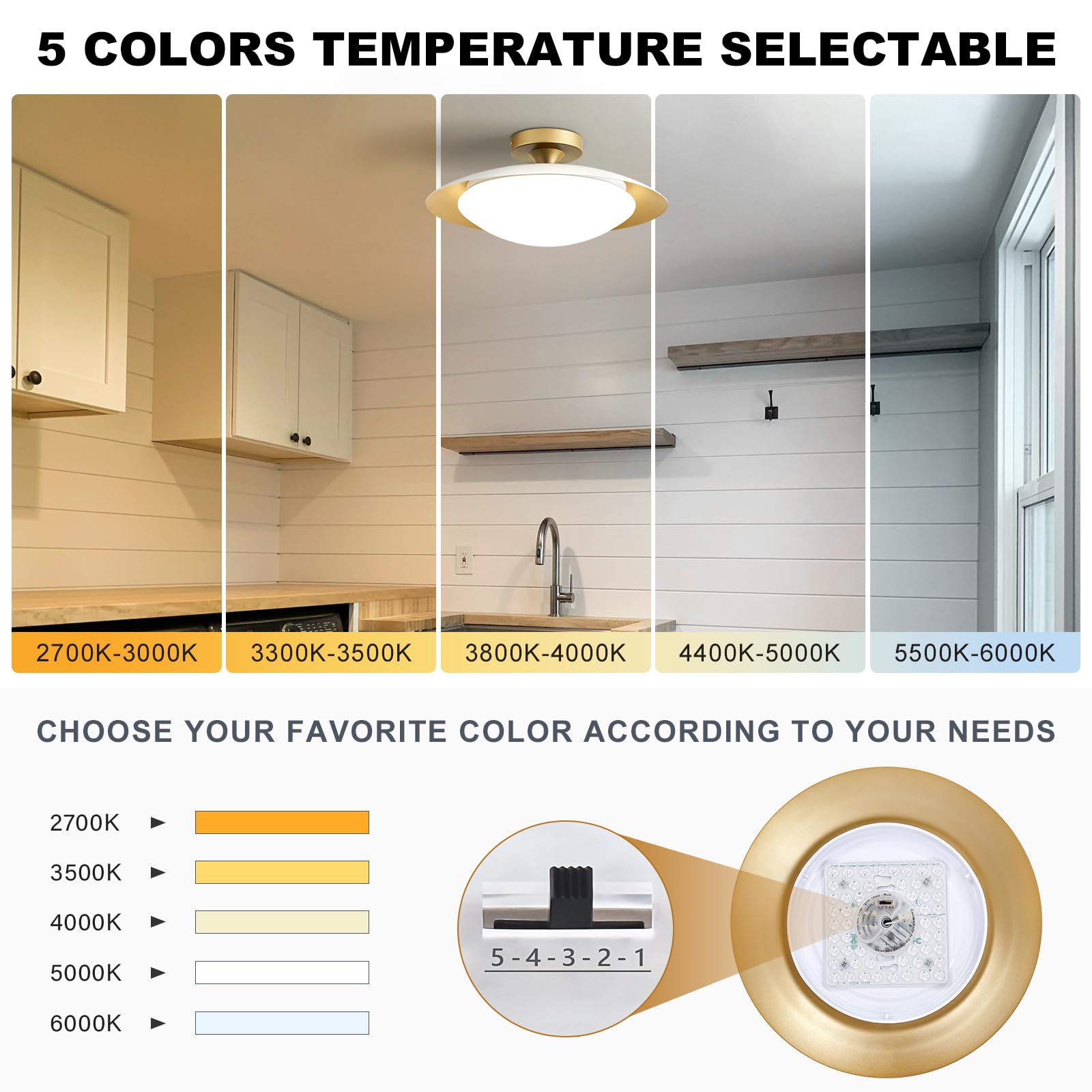 Dimmable Mid Century Modern Semi Flush Mount Ceiling Light With Acrylic Shade,White Gold Led Ceiling Light,5Cct 2700K-6000K Ligh