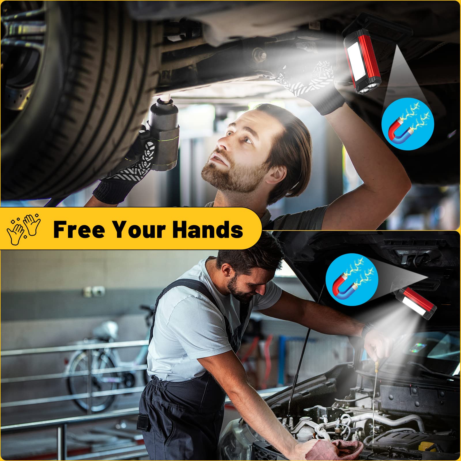 Rechargeable Led Magnetic Work Light 2 Pack, Portable Tool Gifts For Men, 7 Flashlight Modes With Kickstand And Carabiner, 360 R