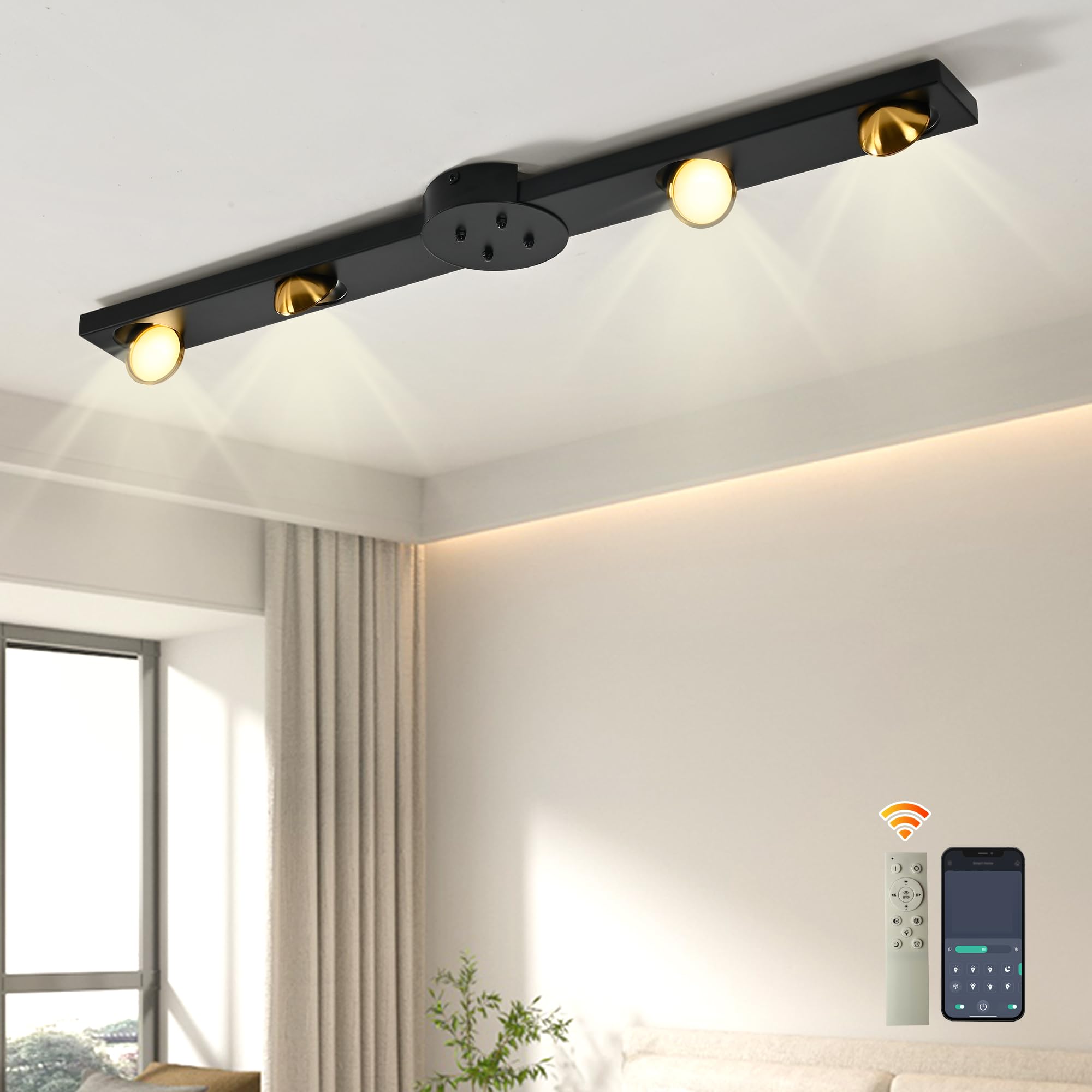 Garwarm Modern Ceiling Light Fixture, 31.5 Inch Dimmable 4-Light LED Chandelier, Black, Model TT-JD1602-4B