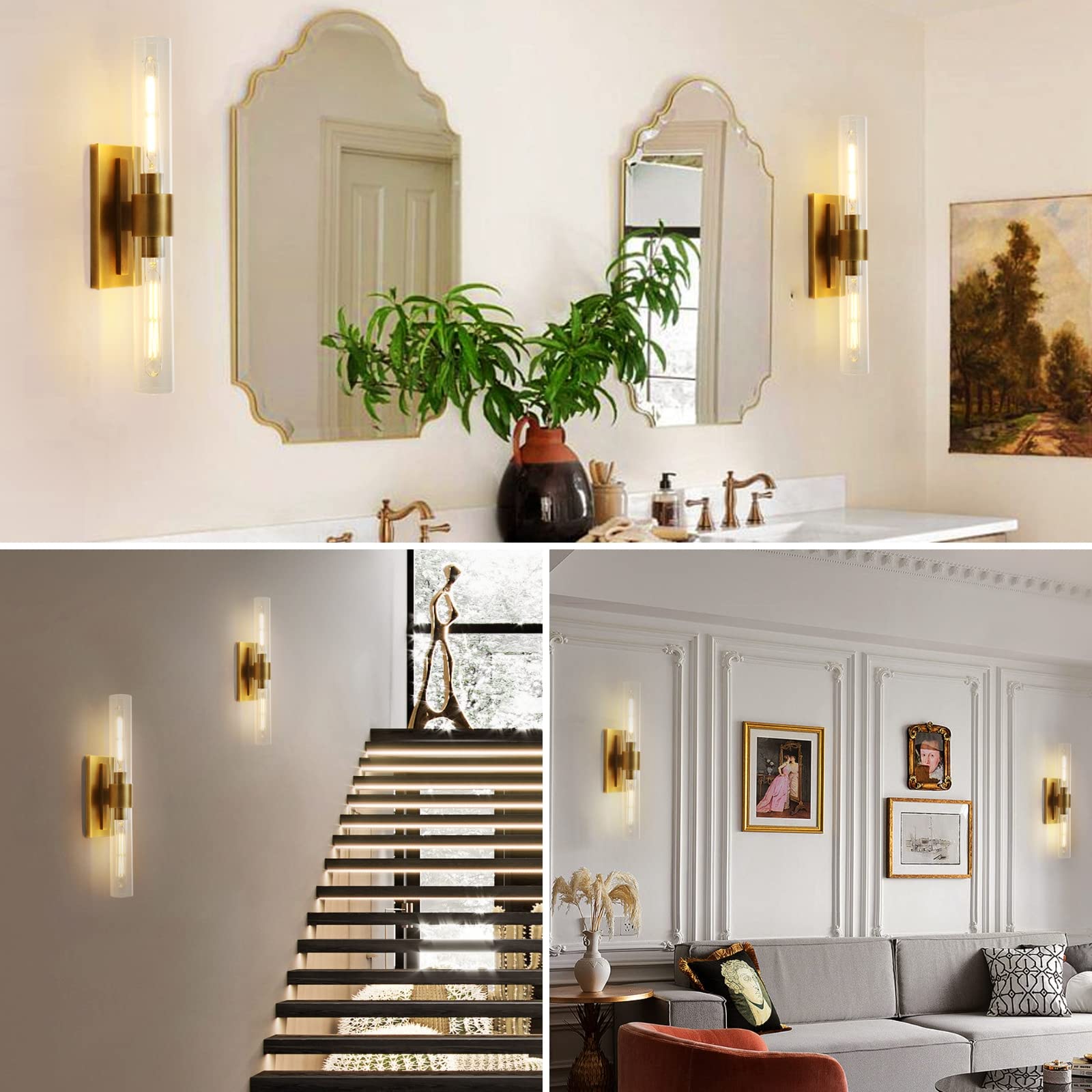 Brass Wall Sconces, 22.8" Bathroom Wall Sconce, Antique Brass Wall Sconces Set Of 2, 2-Light Dimmable Wall Sconce, Sconces Wall Lighting With Glass, Bathroom Vanity Light, Tube Sconce For Living Room