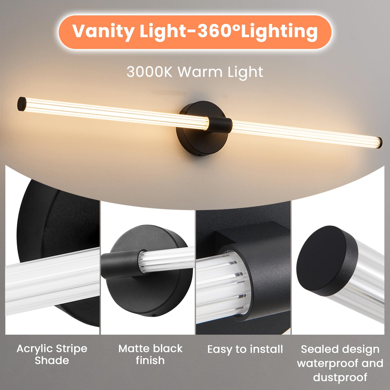 Gednbo Dimmable LED Bathroom Vanity Light Bar, 39 inch, Black Metal, Model 1738, Modern Sconce for Mirror, Warm Light for Bedroom & Living Room