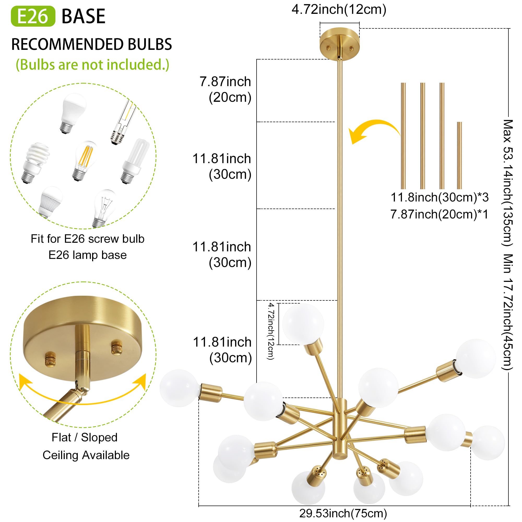 Deyidn Modern Chandelier Gold Chandeliers 12-Light Mid Century Sputnik Ceiling Lighting Fixture For Living Room, Kitchen, Bedroo