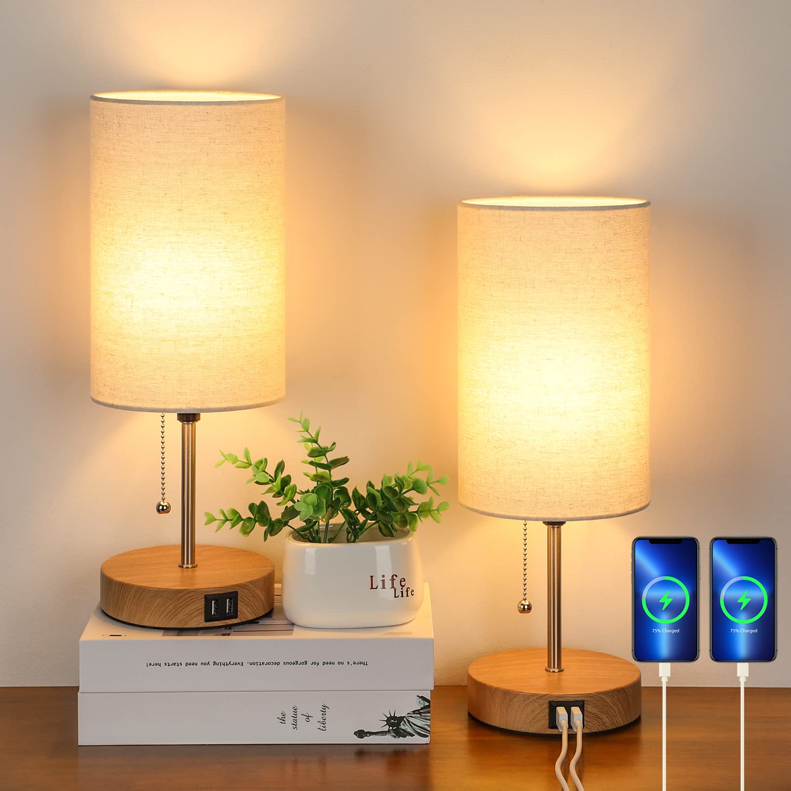 Lakumu Set of 2 Table Lamps with USB Ports, Cream Shade, Wood Base, Model ST0011