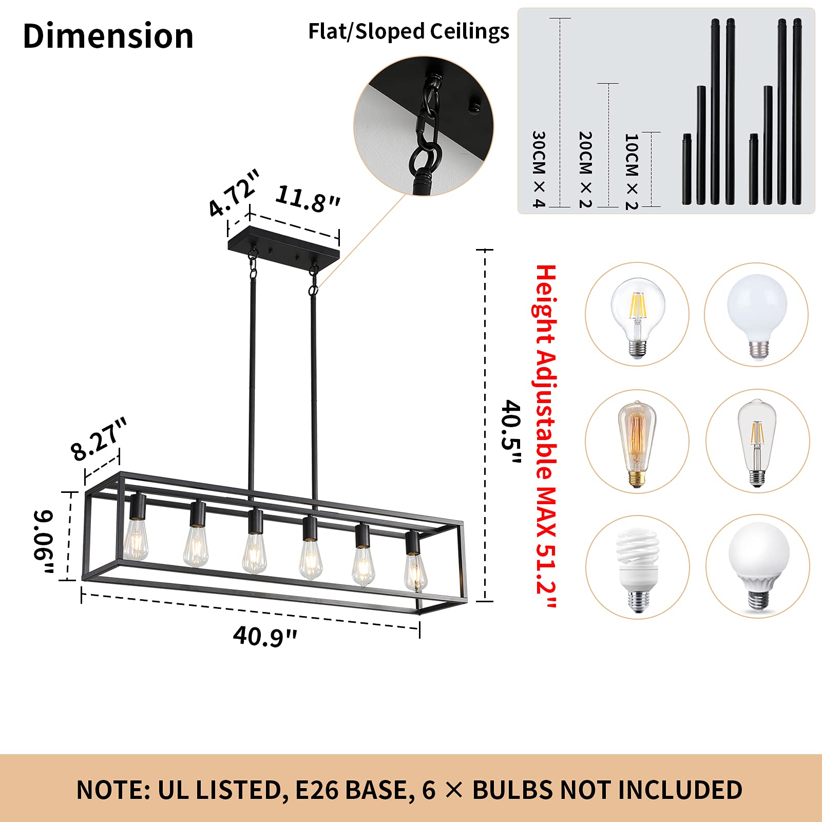 Black Farmhouse Kitchen Island Lighting, Modern Industrial Chandelier, 6-Light Linear Rectangular Pendant Light Fixtures For Farmhouse Kitchen Dining Room Bar Foyer(Metal, Height Adjustable)