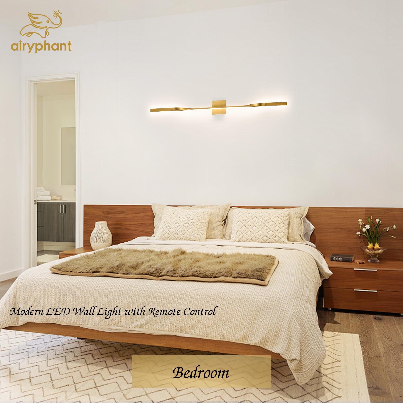 AIRYPHANT 48in Gold LED Vanity Light Sconce, Remote Control, Dimmable Aluminum Wall Lamp for Bedroom & Living Room, Model W2011-120GDC1