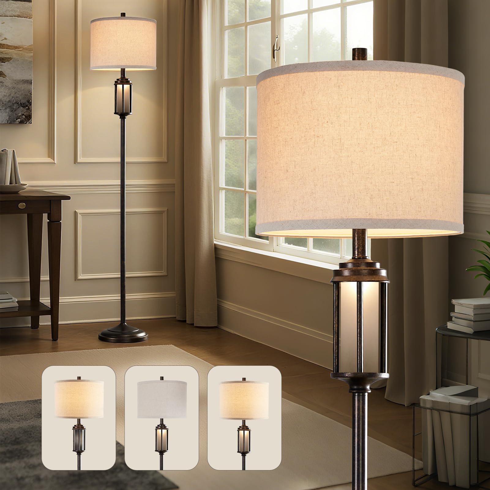 AIEAMPDO 65 Farmhouse Floor Lamp for Living Room with 2 Light Sources  Vintage Tall Standing Lamp with Frosted Acrylic Nightlight  Rustic Floor Light for Bedroom Office Corner  Bulbs Included