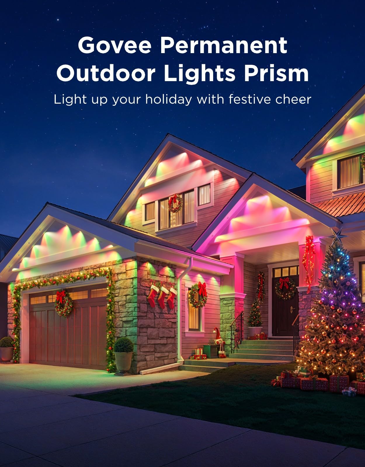 Govee Outdoor Lights Prism, 100ft, 36 Triple-Color Heads, IP68 Waterproof, Works with Alexa & Google Assistant, White, Model H707A