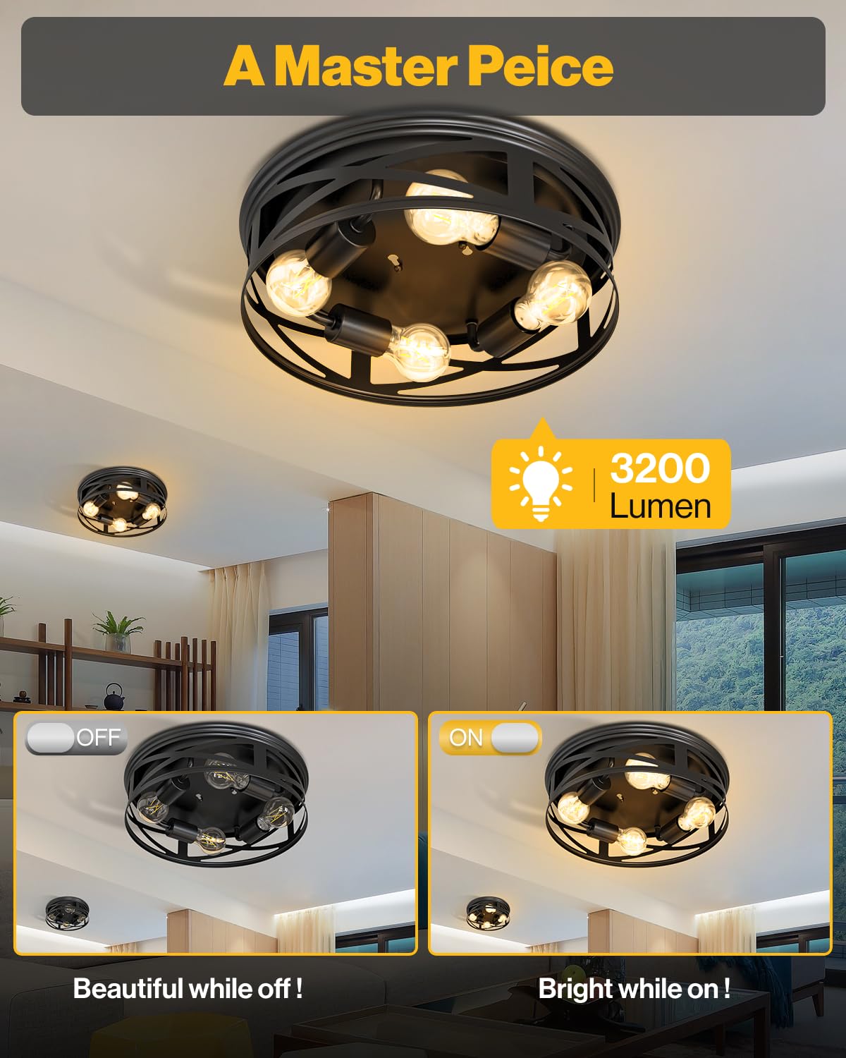 Sunco Farmhouse 4-Light Flush Mount Ceiling Light Fixture, Hallway Matte Black Outdoor Industrial Lights, E26 Base, A19 Edison L