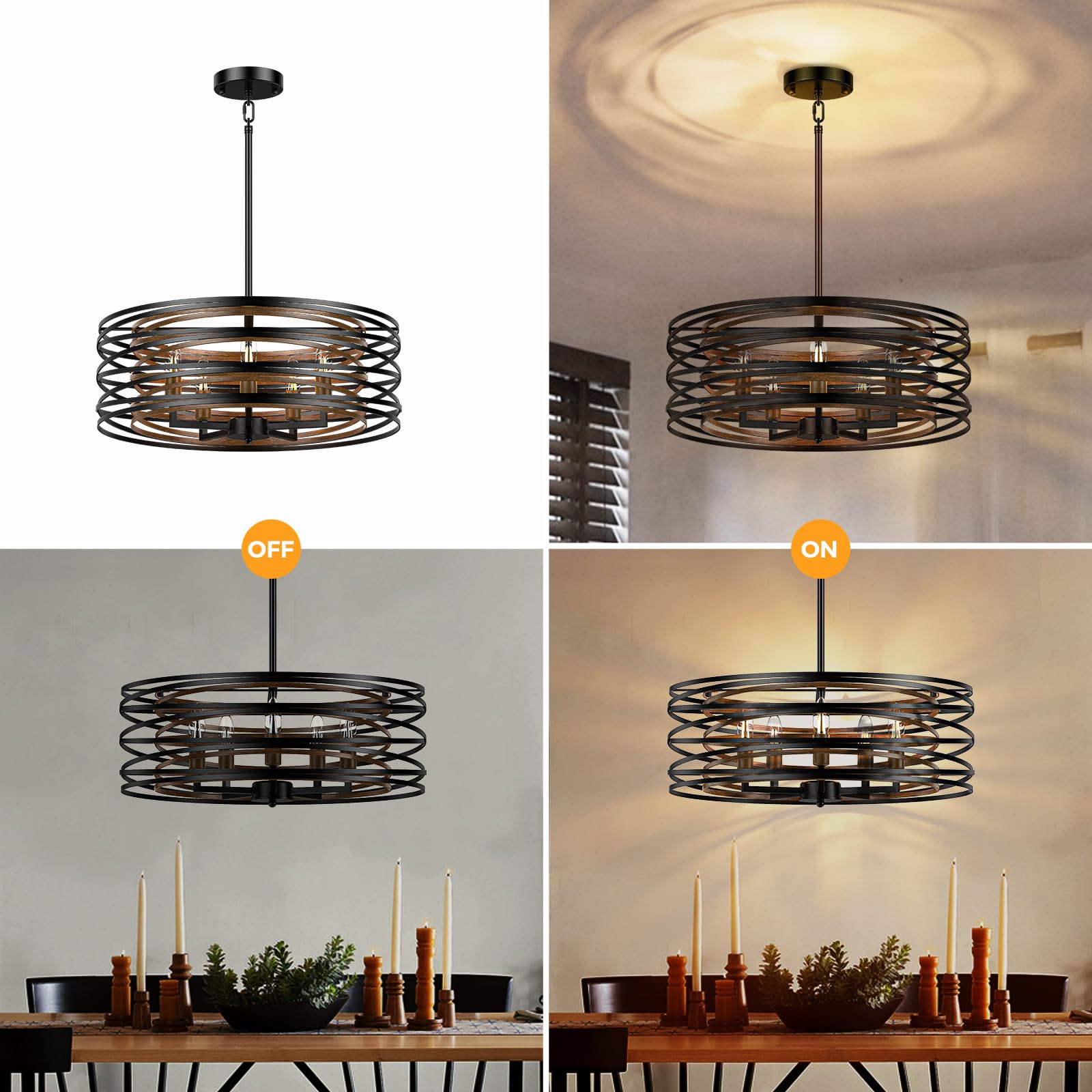 20 Inch Black Chandelier, 5-Light Farmhouse Chandelier For Dining Room Lighting Fixtures Hanging, Dining Light Fixtures Industri