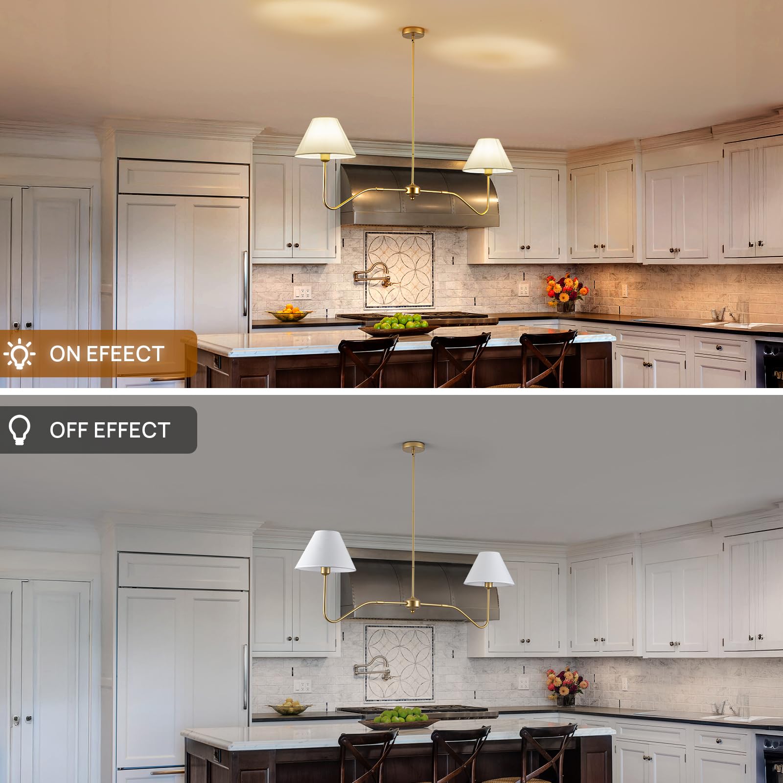 JSDORSY 2-Light Gold Linear Chandelier, 55" Adjustable Farmhouse Lighting with White Fabric Shades, Model JL-2T-Gold