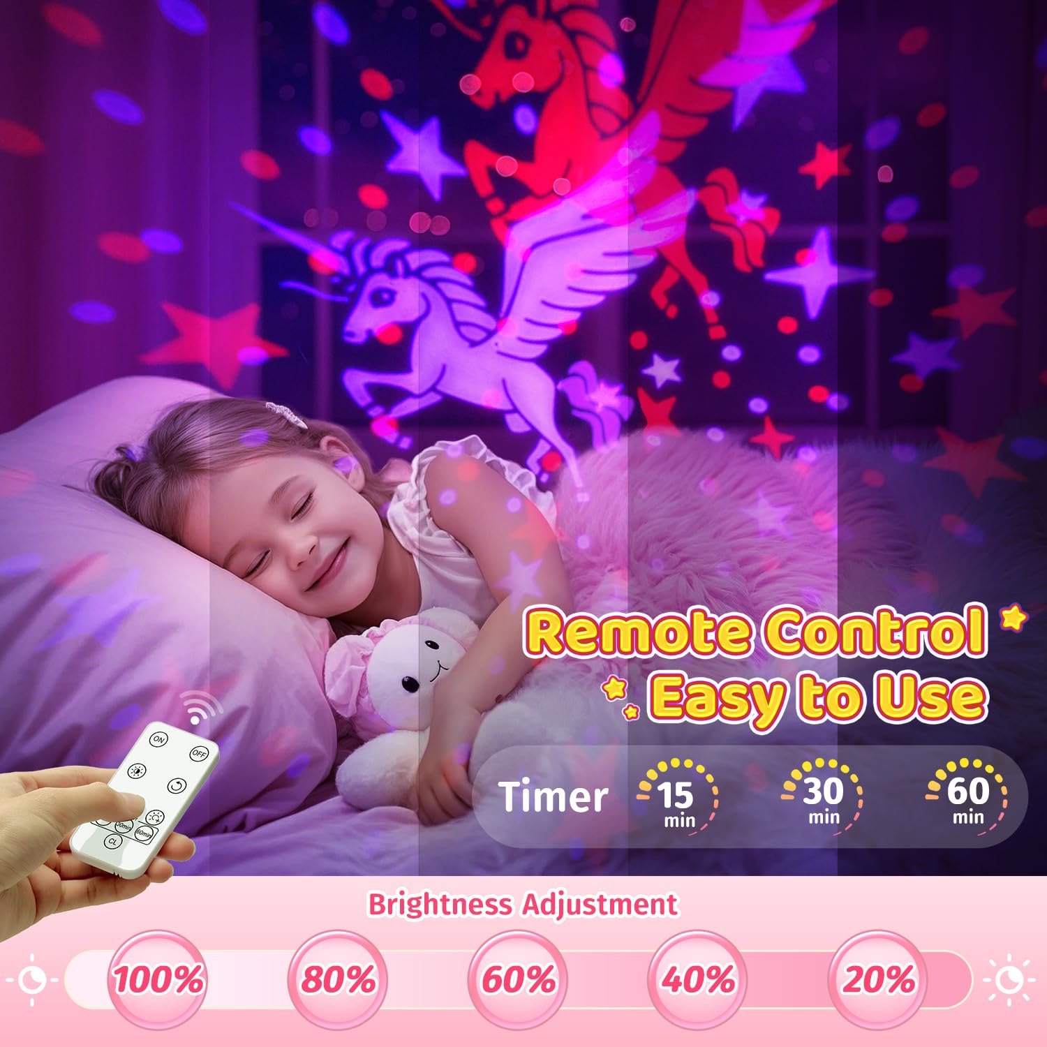 PIKOY Kids Night Light Projector - 90 Modes, 6 Films, Dimmer, Timer, Rechargeable, Pink Butterfly/Princess/Mermaid Room Decor