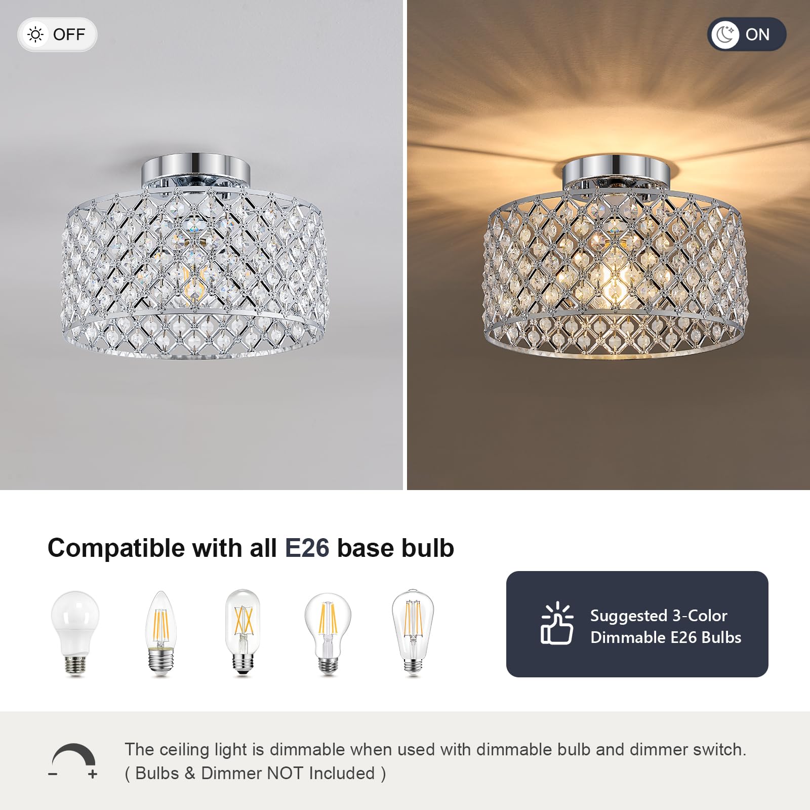 Bzvesr Chrome Crystal Ceiling Light Fixture Modern Semi Flush Mount Ceiling Lighting Fixture Round Small Chandelier For Dining Room  Hallway  Entryway  Kitchen  Bedroom Foyer 1 Light 11.2 Inch