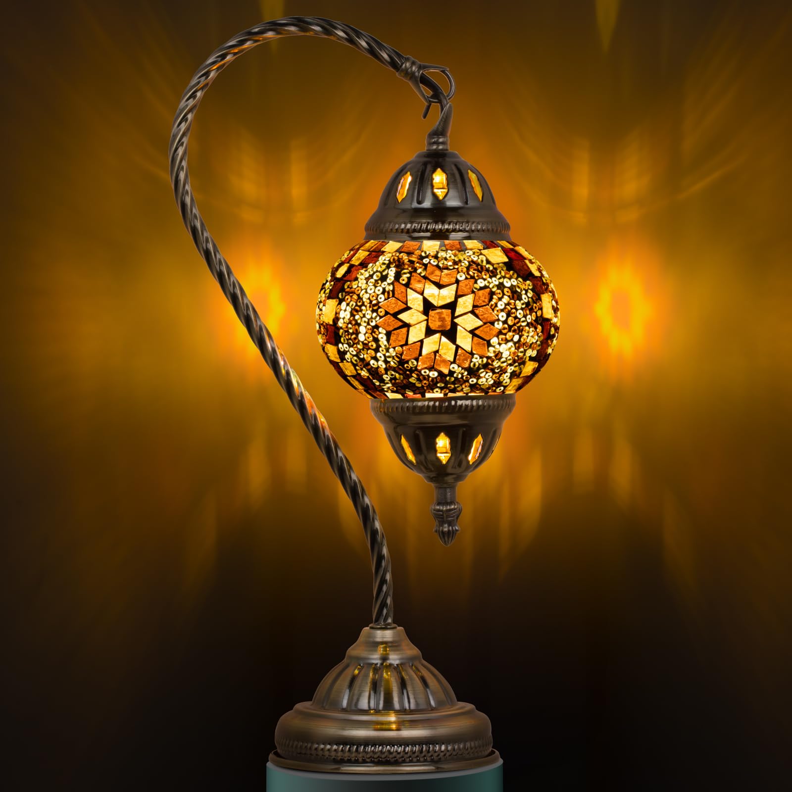 Marrakech Turkish Mosaic Glass Table Lamp with Swan Neck Bronze Base, LED Bulb, Mosaic Yellow, Model YMA403-N5-Swan-Yellow