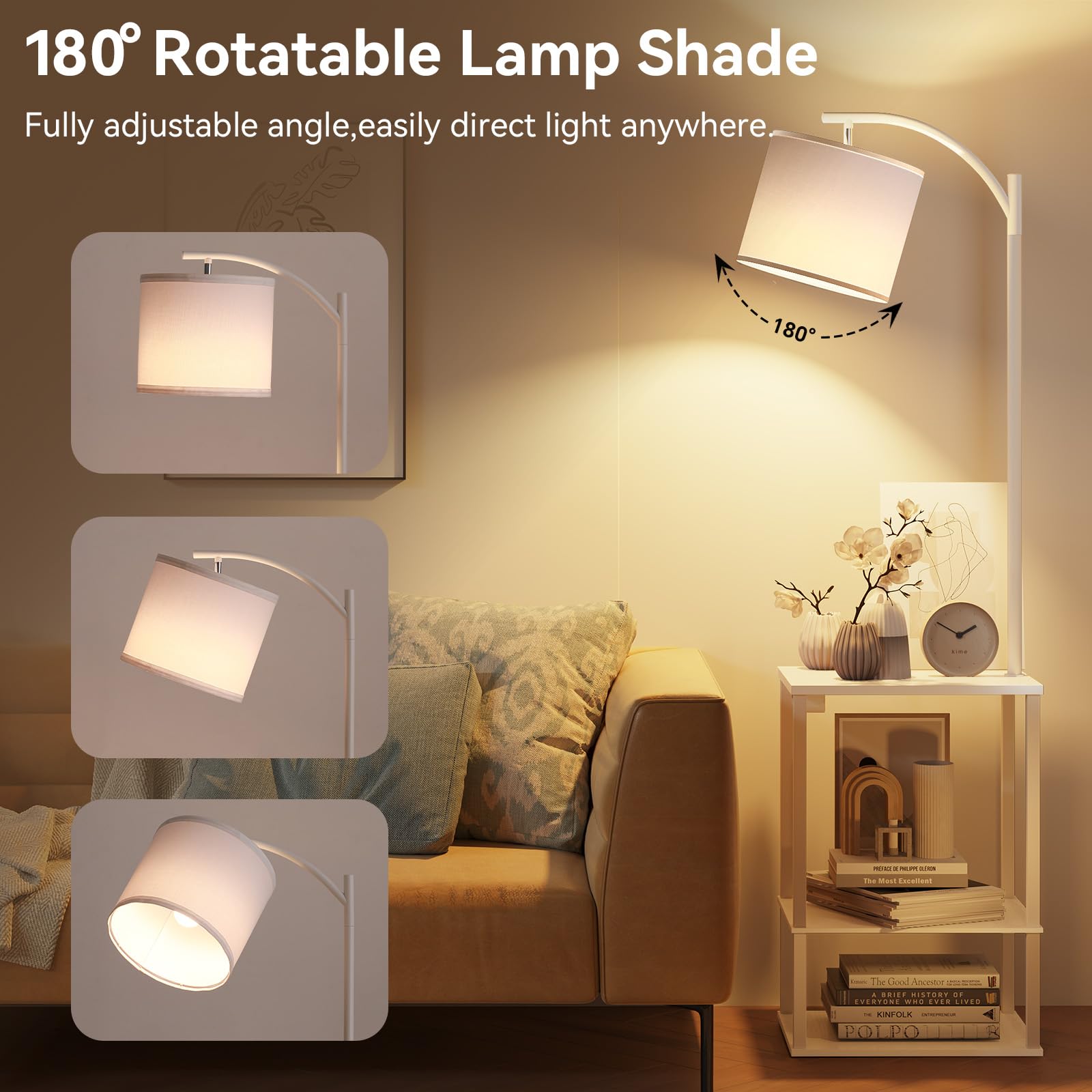 SUNMORY Floor Lamp with Table, 15.75" x 11.81" Pure White Wood, USB & AC Charging, Modern LED Nightstand for Living Room & Bedroom, Model PFL