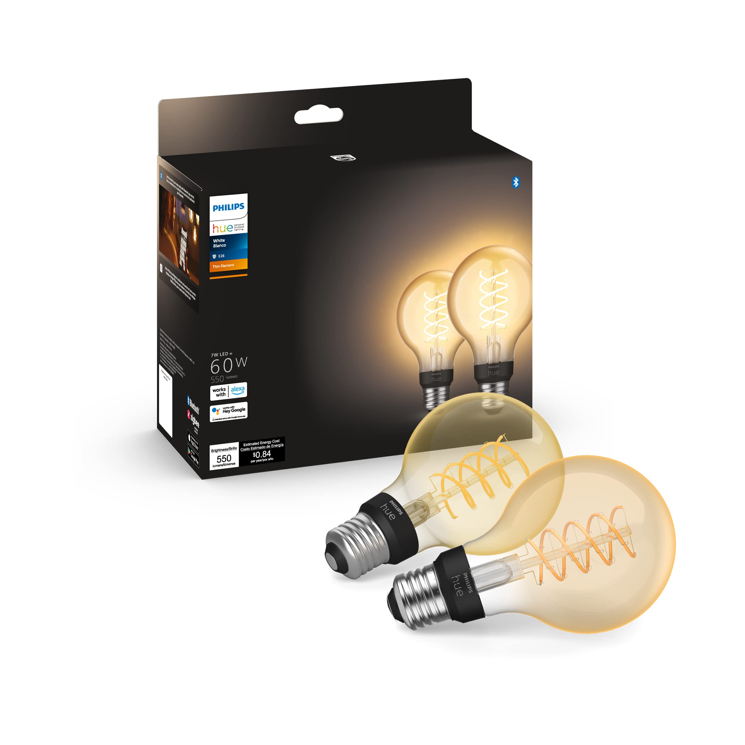 Philips Hue Smart LED Bulb, 60W G25, Soft Warm White Light, 2 Pack, E26, Glass, Model 571091, Indoor Use, Compatible with Alexa and Google