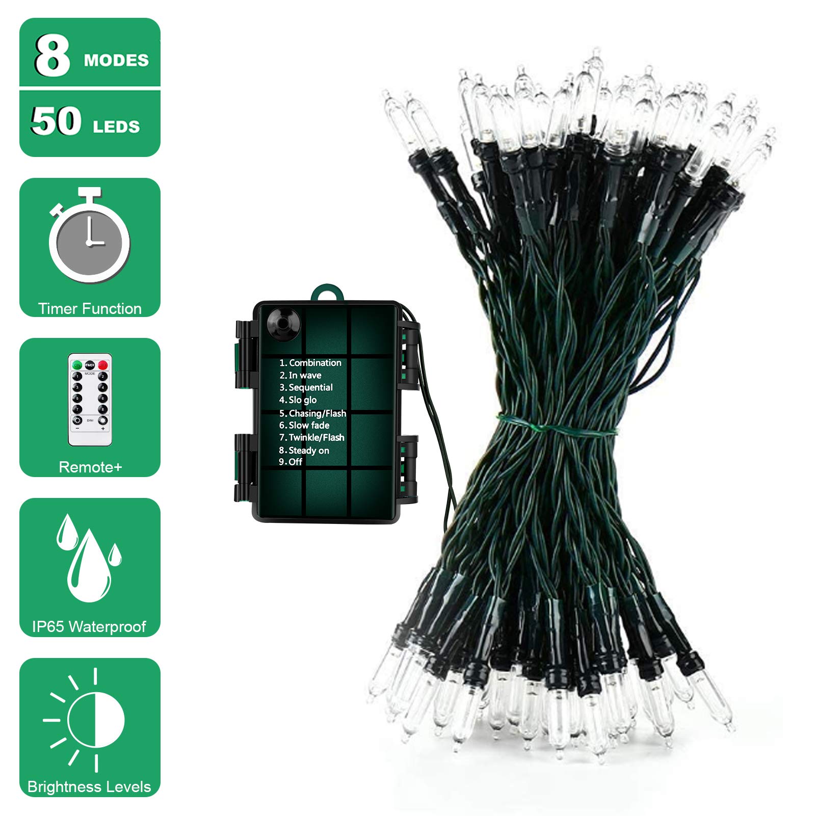 Koxly 18ft Battery Operated String Lights, 50 LED, Waterproof, Remote Timer, Cool White, Model JYLPT02
