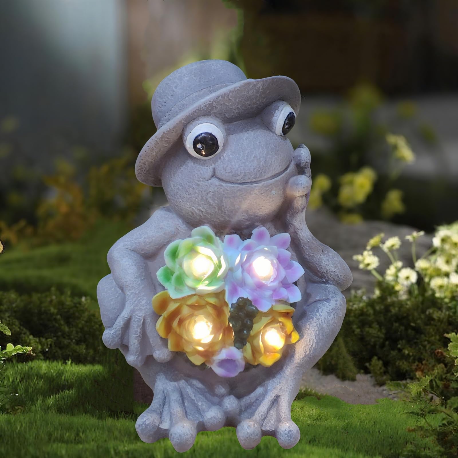 GUCHO Garden Frog Flower Statue with 4 Solar Lights,Outdoor Frog Figurine Lights, Garden Decorations for Outside,Unique Gifts fo