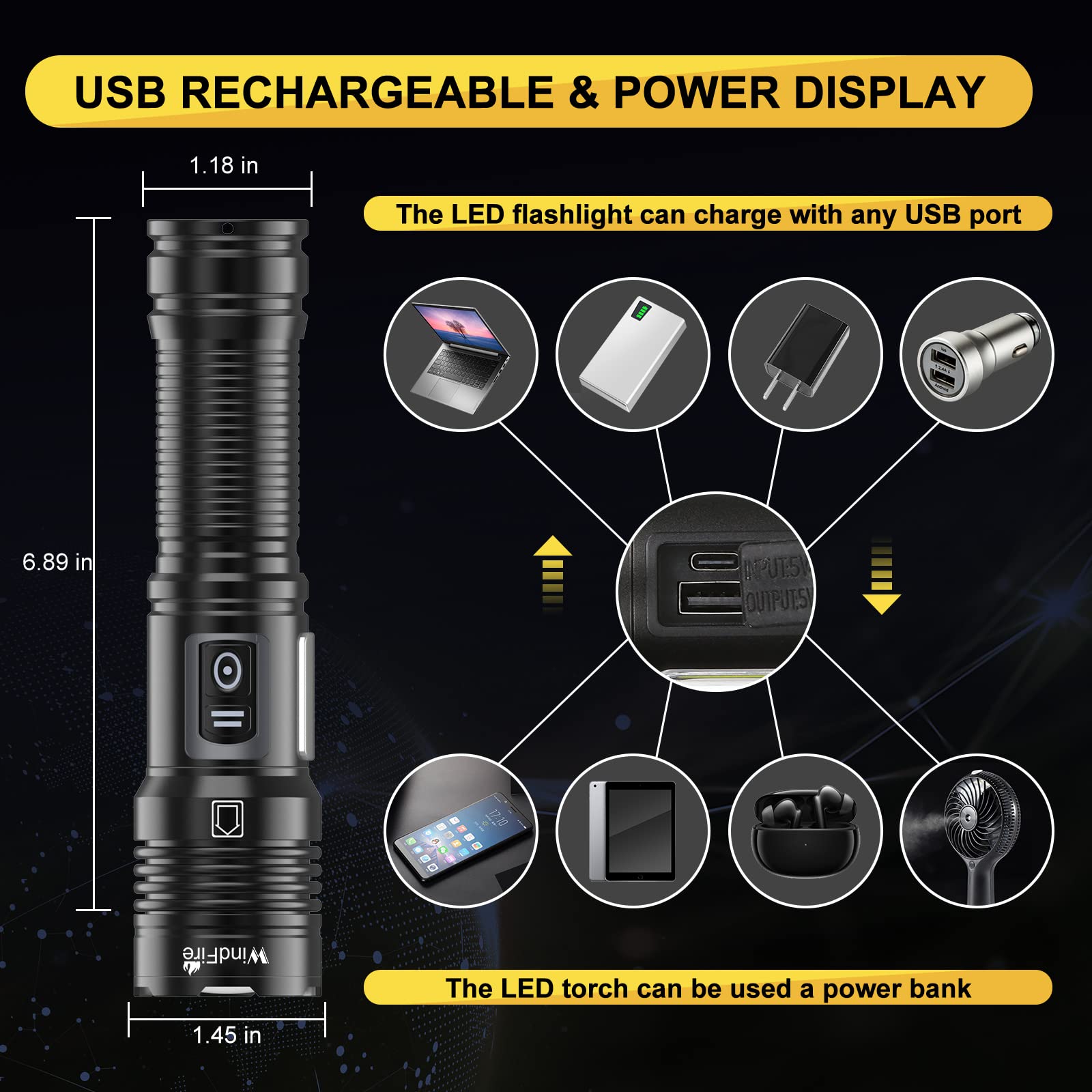 WINDFIRE Rechargeable Flashlight High Lumens, Super Bright Handheld Flashlight with COB Side Light and 7 Modes, Waterproof, Powe