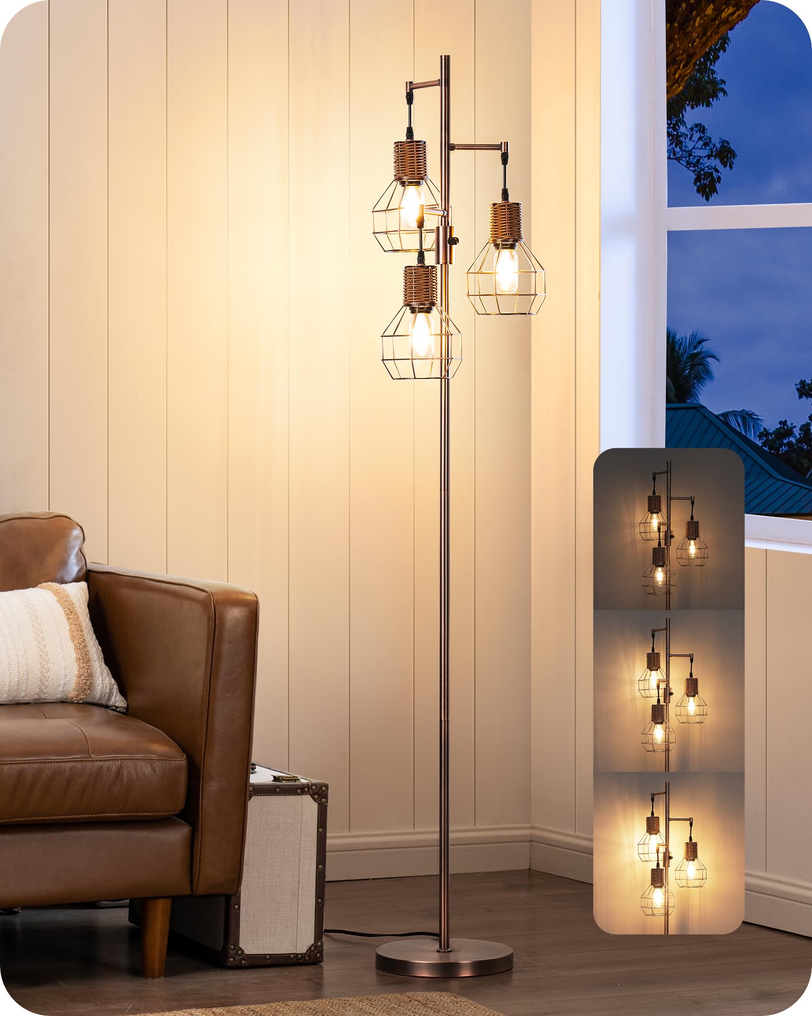 EDISHINE Dimmable Rustic Floor Lamp, Farmhouse Standing Lamp with 3 LED Edison Bulbs, Rattan Design Floor Lamps for Living Room,
