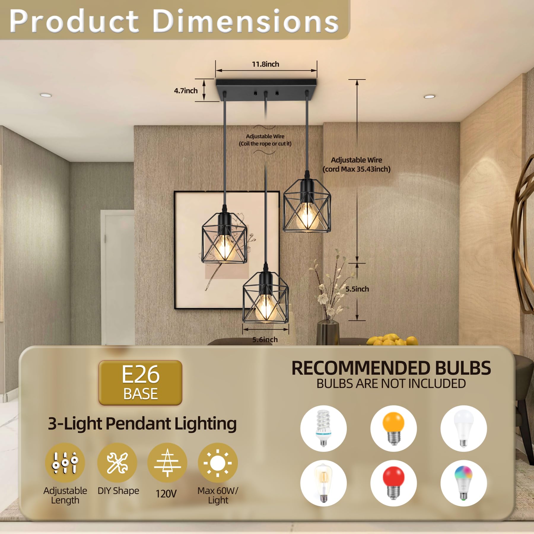 ROCUNSI 3-Light Pendant Light Fixture, Black Metal Cage, Industrial Style for Kitchen, Dining Room, Model XFT-3L-01