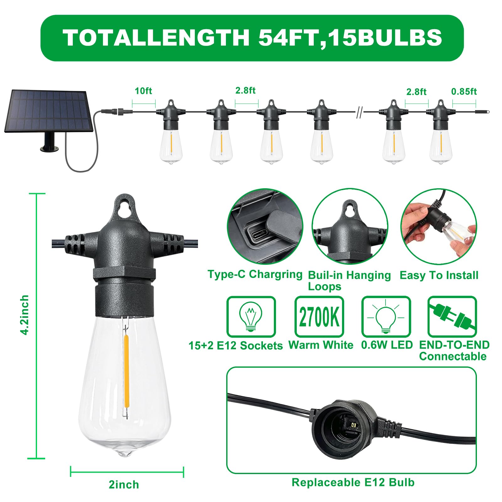 54(48+6) FT Solar String Lights Outdoor Waterproof with ST38 Shatterproof Bulbs, Solar Powered Remote Control, Dimmable & Timabl