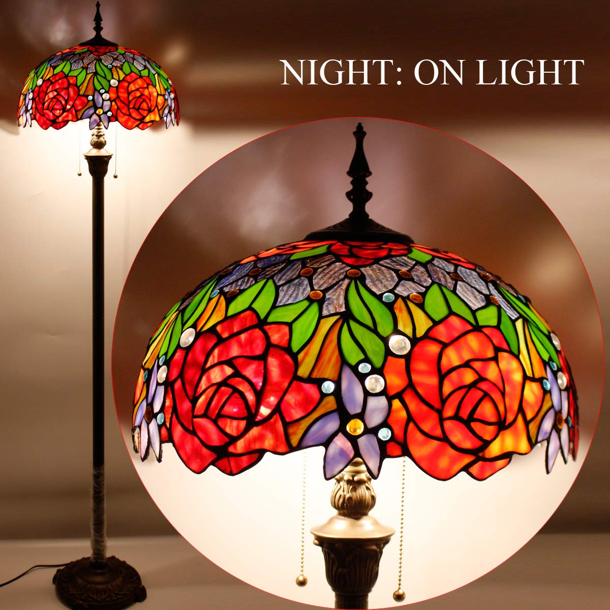WERFACTORY Tiffany Floor Lamp, 16x16x64 Inches, Glass, Red Yellow Rose, Antique Style, Ideal for Bedroom, Living Room, Home Office