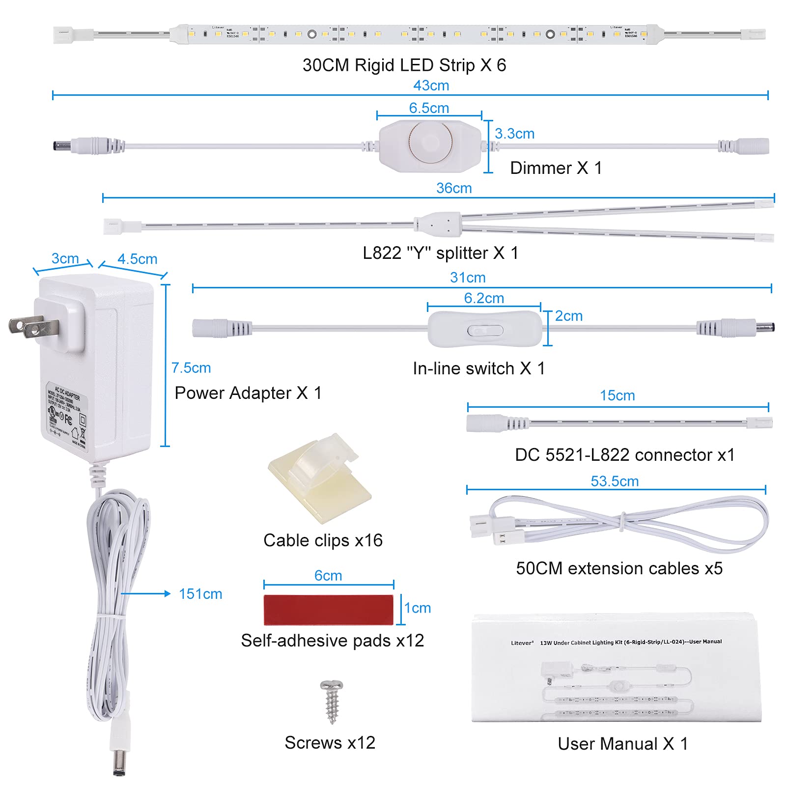 Litever Under Cabinet LED Lighting Kit, 6 PCS 12" Dimmable Light Strips, Daylight 5000K, Model LV6R-LED, Includes Adapter & Dimmer