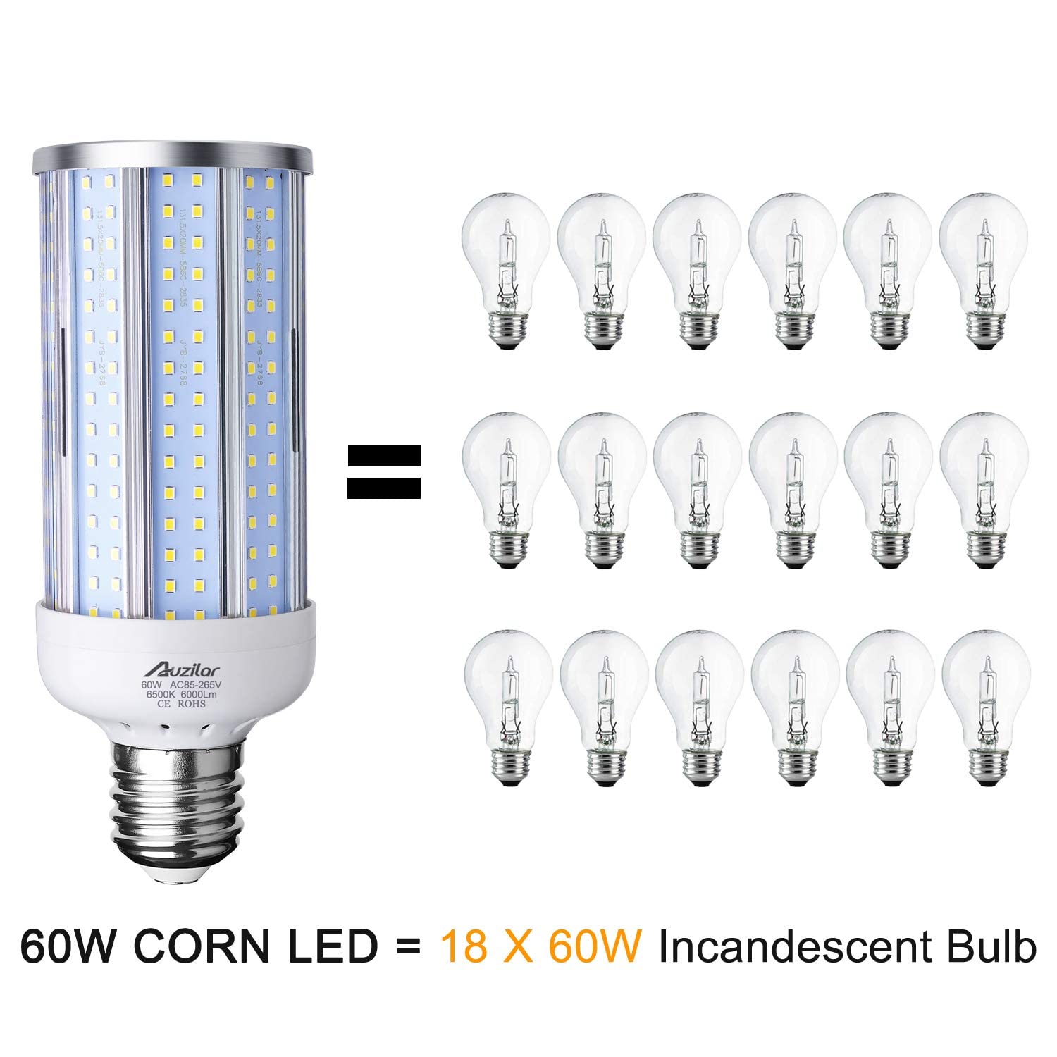 Auzilar 60W LED Corn Light Bulb, 6000Lm, 6500K Cool White, E39 Base, Metal, 1 Count