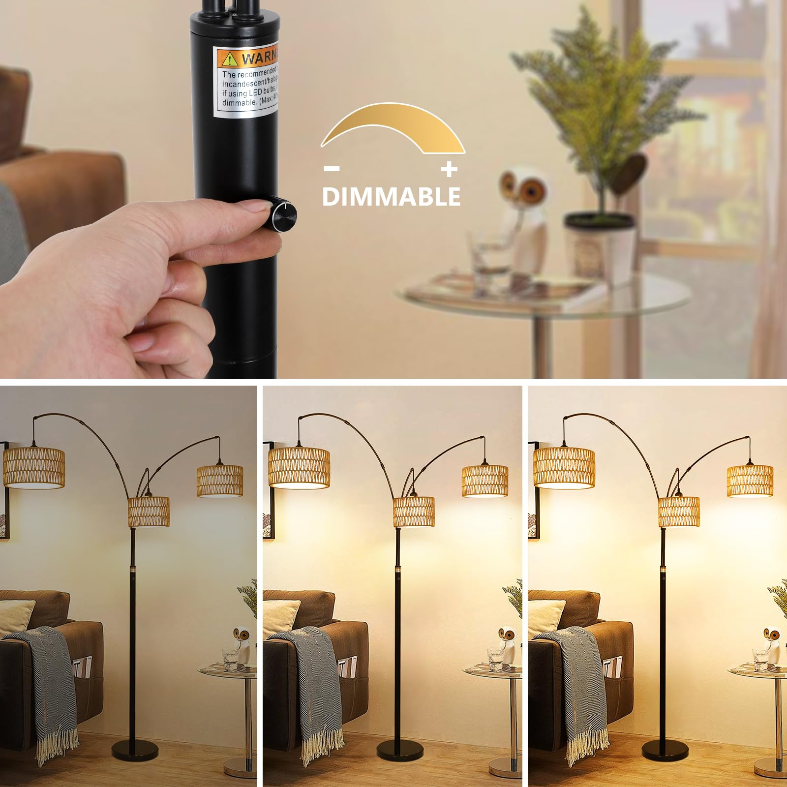 Airposta Black Arc Floor Lamp - Dimmable Rattan Shade, Industrial Style for Living Room & Office, Model 230704A1