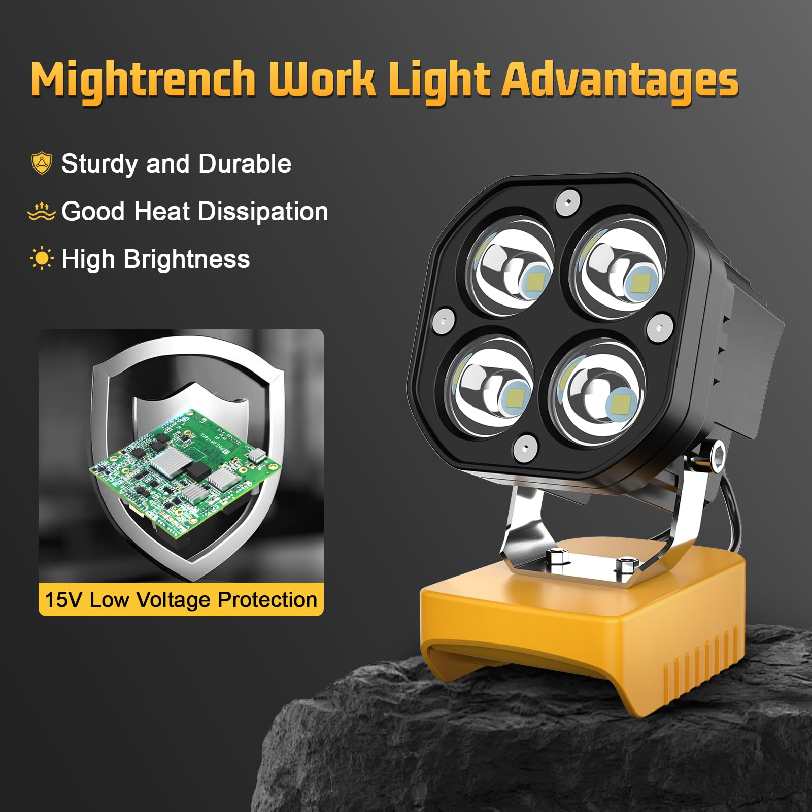 Mightrench 40W Portable LED Work Light - 6000LM, Aluminum, Yellow, Model DLED01, Compatible with Dewalt 20V Battery, Adjustable 120°