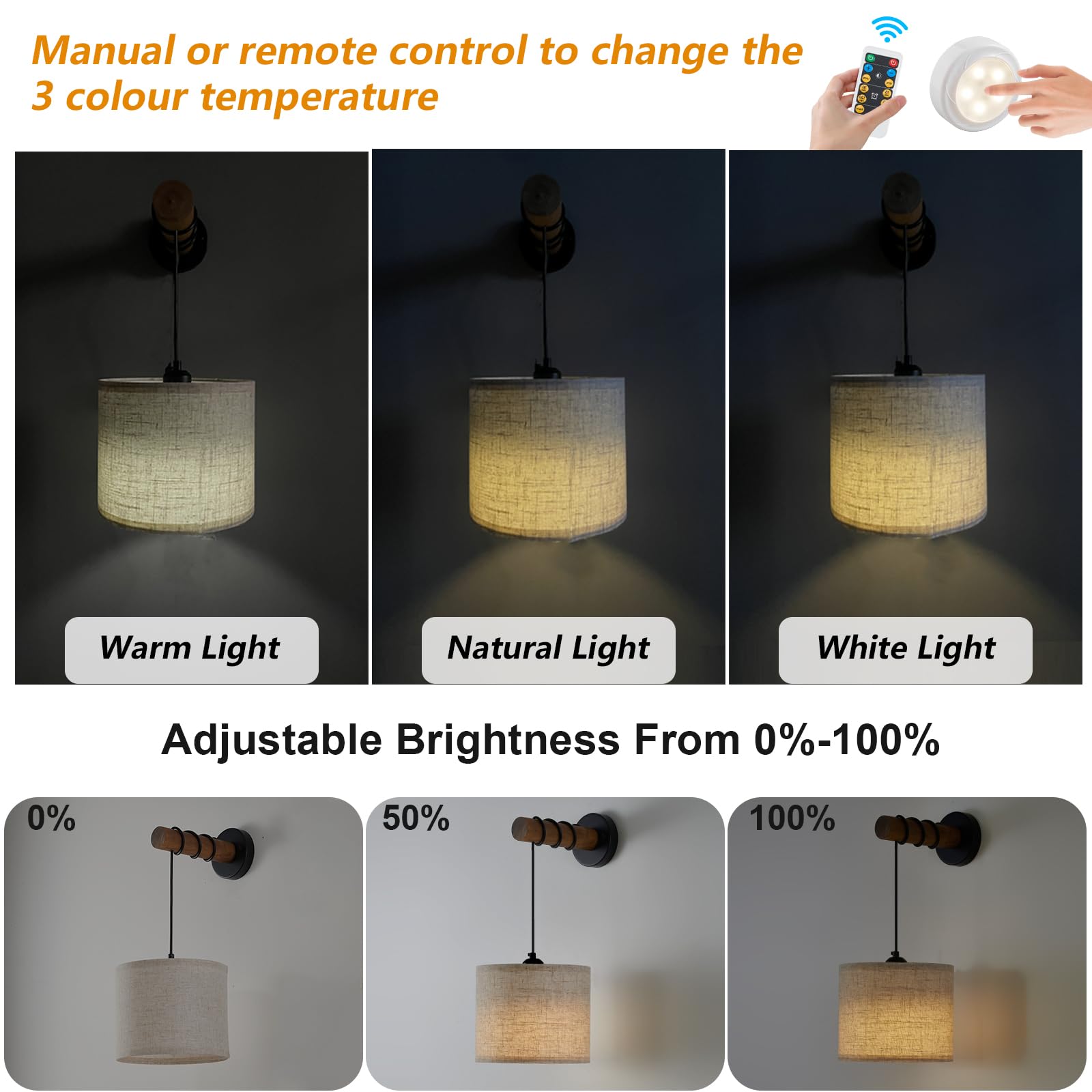 XSDeTu Rechargeable Wall Sconces Set of 2, Modern Dimmable Lamps with Wooden Arm, 9.4 Inch, Battery Powered, Remote Control, Round
