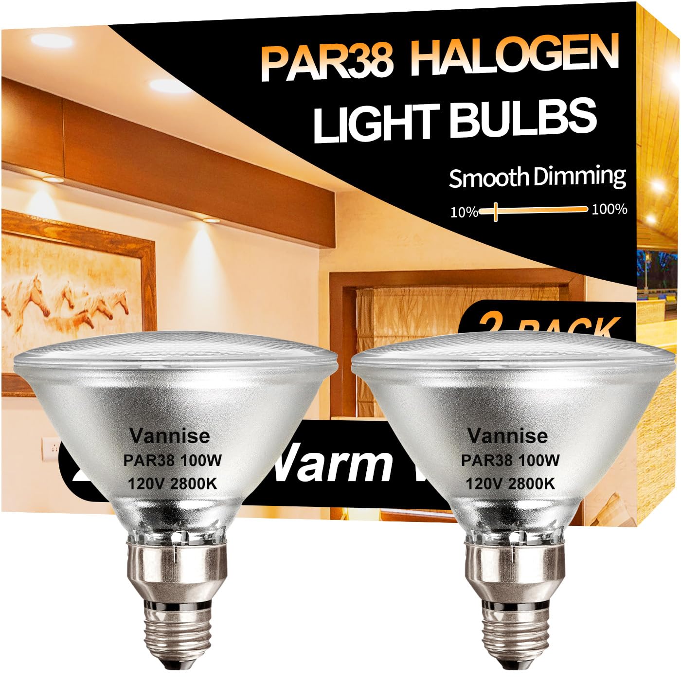 Vannise 2 Pack Par38 Halogen Flood Light Bulbs, 100W 120V, Warm White 2800K, 1800Lm, Dimmable With E26 Base, Long Lasting Outdoo