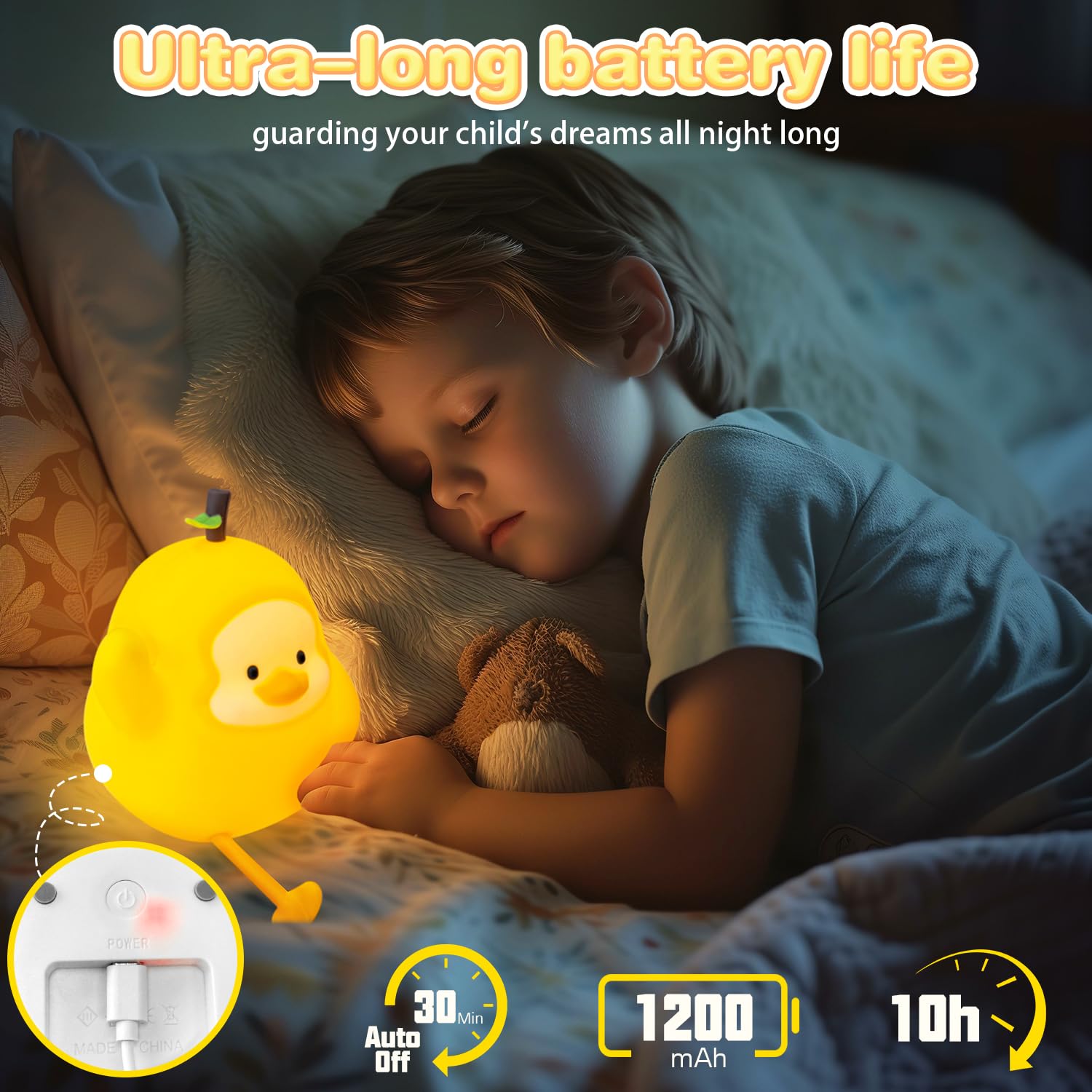 loatme Night Light for Kids, Rechargeable Silicone LED, Dimmable, Auto-Off, Yellow Duck