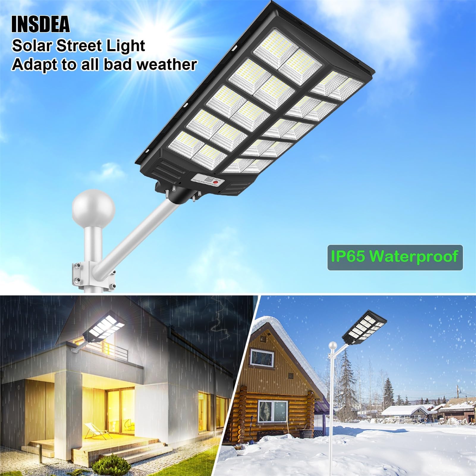 INSDEA Solar Street Light 6000W Motion Sensor Dusk to Dawn IP65 Waterproof Black LED for Garden Yard Parking Lot