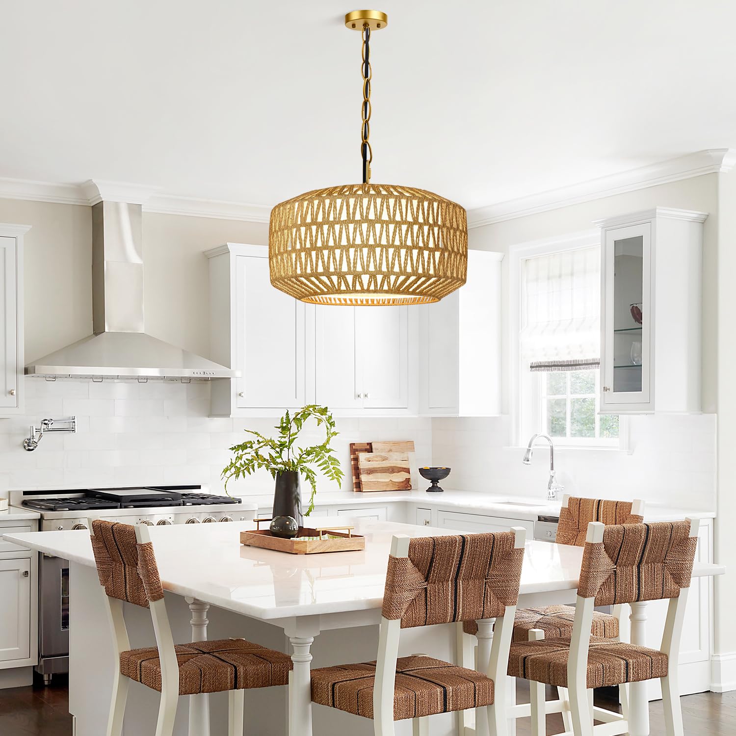 Lynnoland 19" Hand-Woven Rattan Chandelier Light Fixture, 5-Light Rustic Pendant, Gold, for Dining Room, Kitchen, Bedroom, Foyer