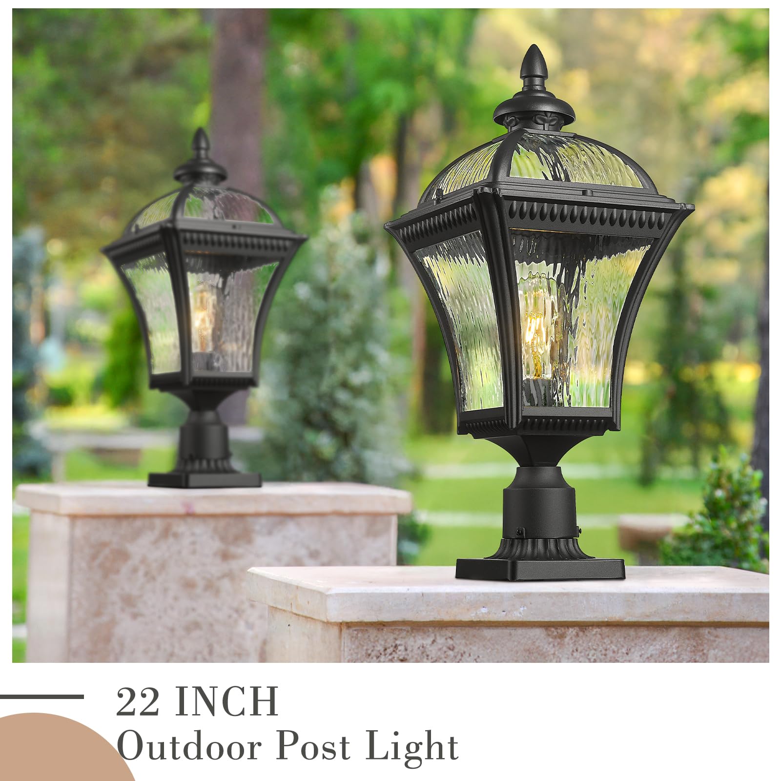 Emliviar 22'' Outdoor Lighting For Post, Black Exterior Lamp Post Light Fixture For Yard, Aluminum Pillar Light With Water Rippl
