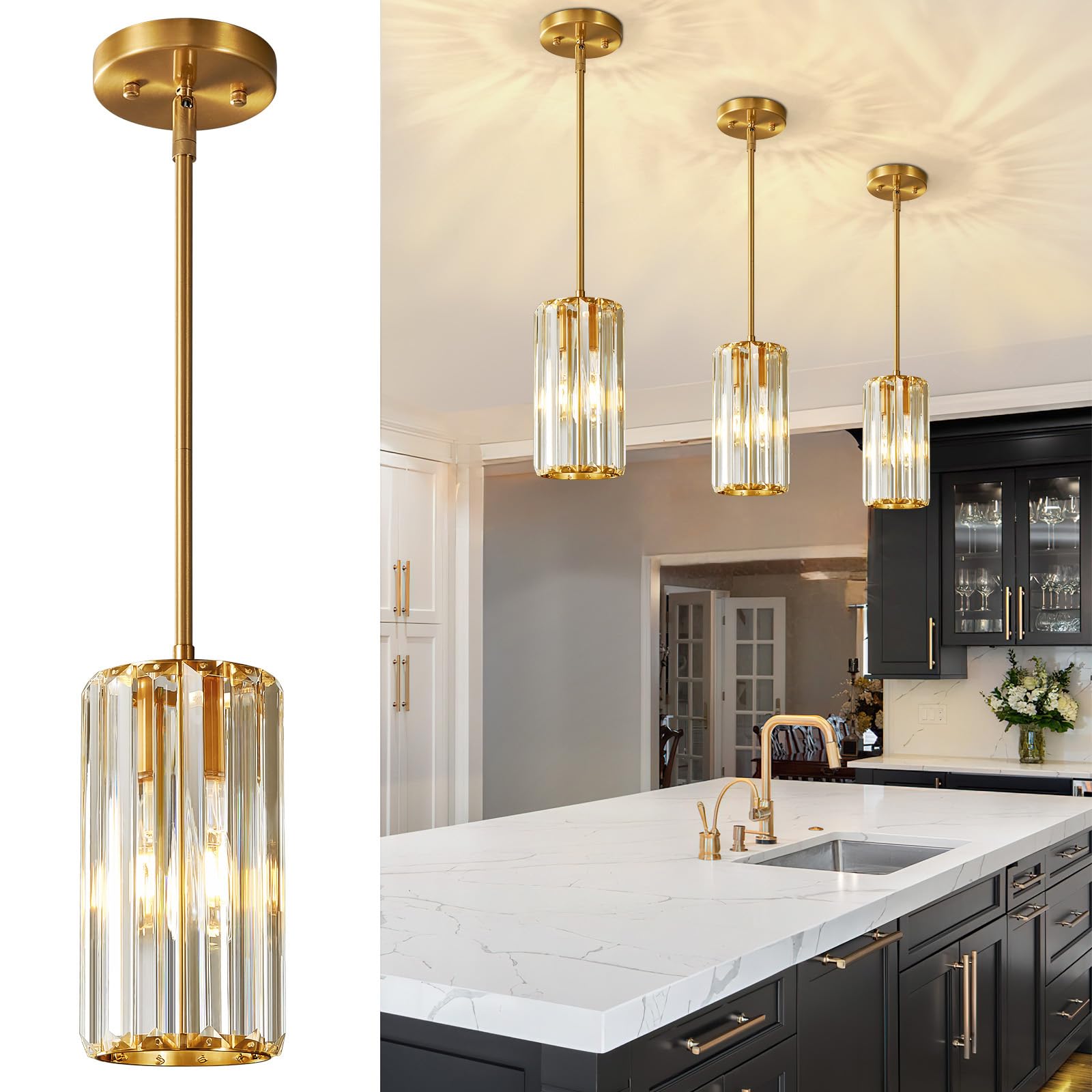 Zhllmq Gold Pendant Lighting Modern Pendant Light Mini Crystal Chandeliers Adjustable Pendant Light Fixture For Kitchen Island Dinning Room Corridor Bedroom(Gold 3-Pack)