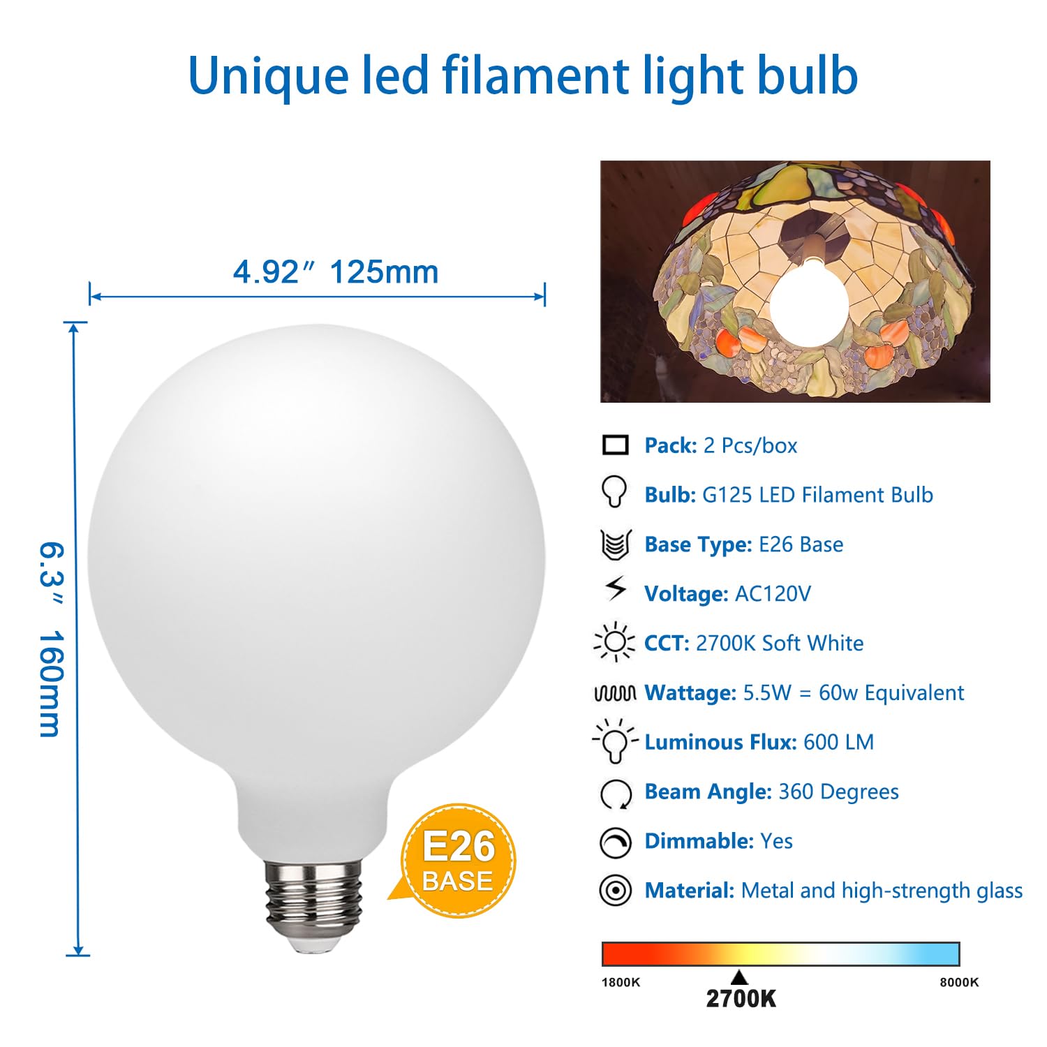 Myemitting 2 Pack G40/G125 Globe Led Bulb, Warm White 2700K Dimmable Led Globe Bulb, 5.5W Equivalent 60W Led Globe Light Bulbs,