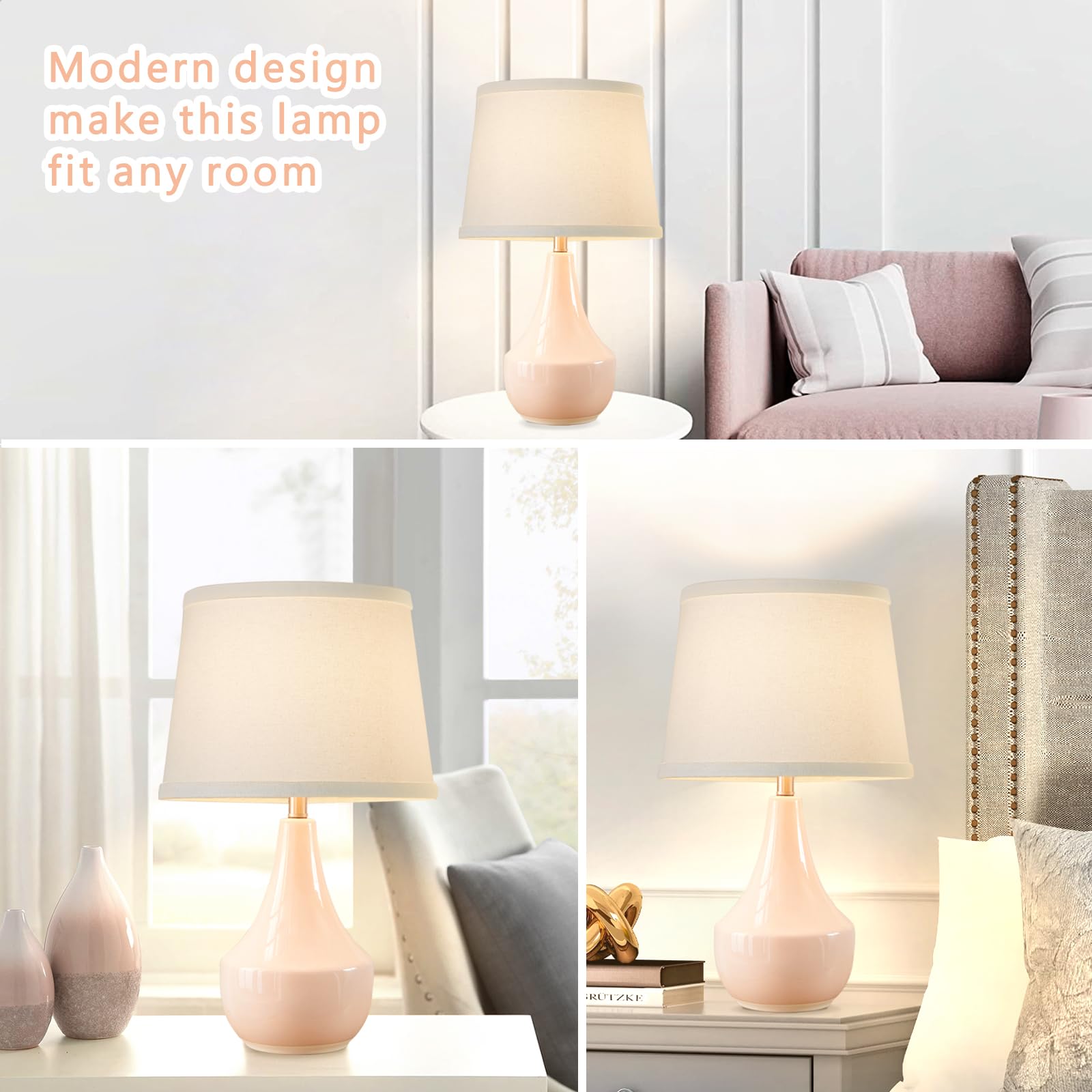 Gyrovu Pink Ceramic Table Lamp Set Of 2 - Modern Nightstand Lamps With Led Bulbs