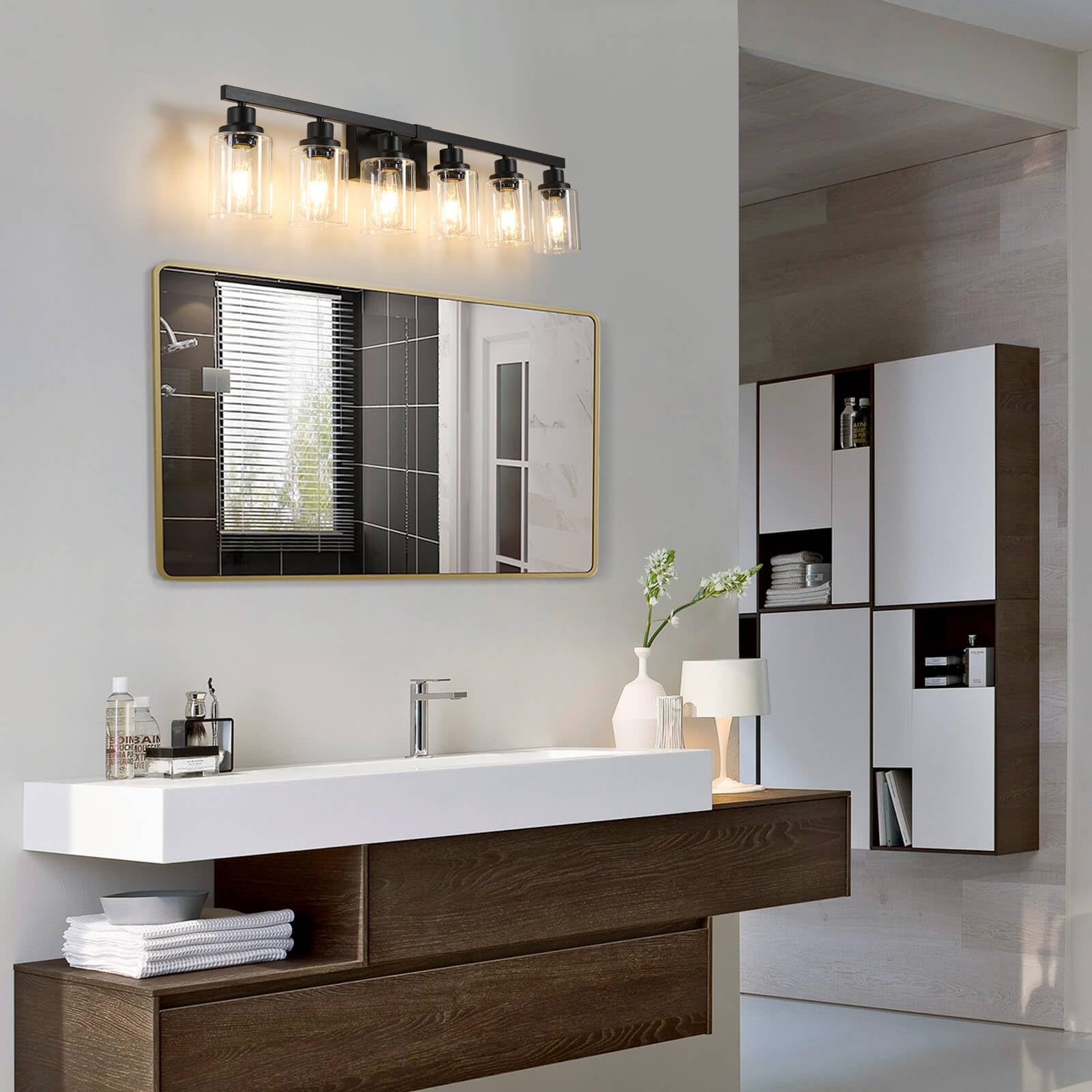 DIKAIDA 6-Light Black Vanity Lights, Modern Metal Bathroom Fixtures, Model BLBD-6, Industrial Design for Above Mirror Use