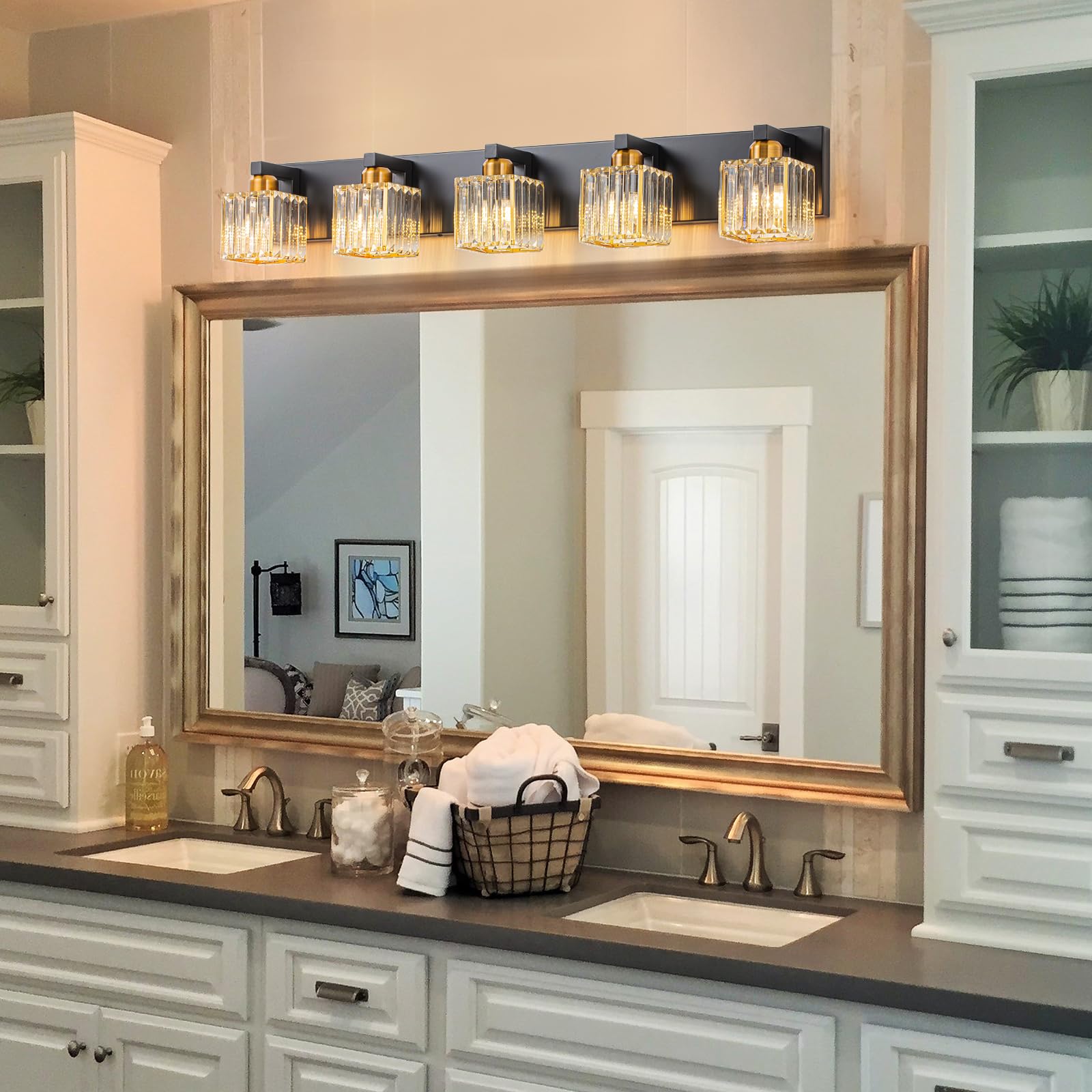 Huoku Crystal Black Gold Bathroom Vanity Light, 5-Lights Bathroom Lighting Fixtures Over Mirror Modern Glam Crystal Wall Lightin