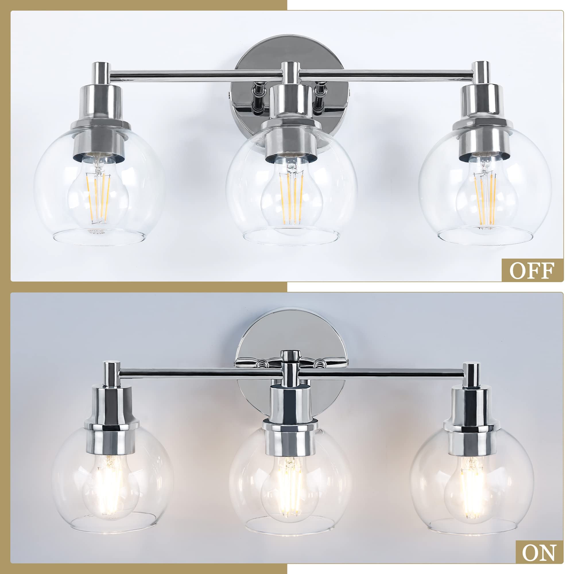 Espird 3-Light Bathroom Vanity Light Fixtures, Polished Chrome Metal Wall Sconce, Model EP-HL-N3C, Industrial & Farmhouse Design