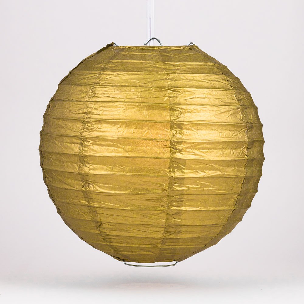 Luna Bazaar Decorative Paper Lantern - (Single  10-Inch  Gilt Gold  Parallel Ribbing) Round Paper Lantern - Ideal Wedding and Party Decor or Home Accent  Lighting Optional