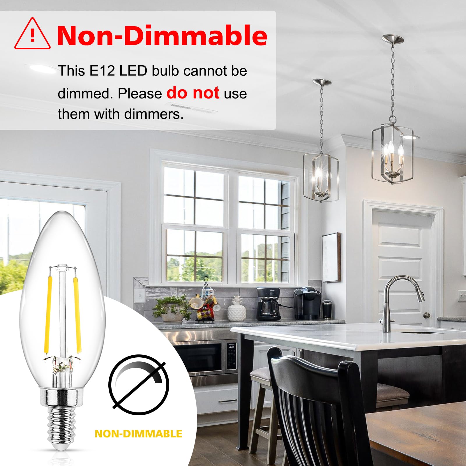 Ascher Classic E12 Led Candelabra Light Bulb 4W, Equivalent 40W, Daylight White 5000K, Non-Dimmable, Filament Clear Glass, Pack