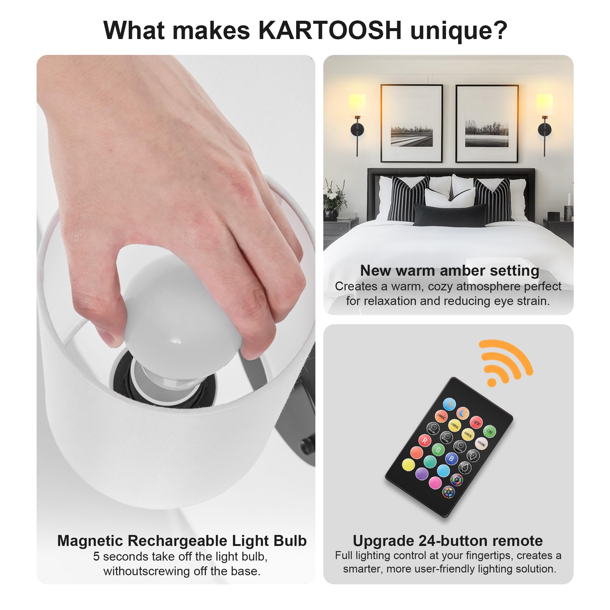 KARTOOSH Battery Operated Wall Sconce Set of Two, Dimmable, 1800K-6000K, 26.8 Inch, Black, Wireless with Remote Control, Model